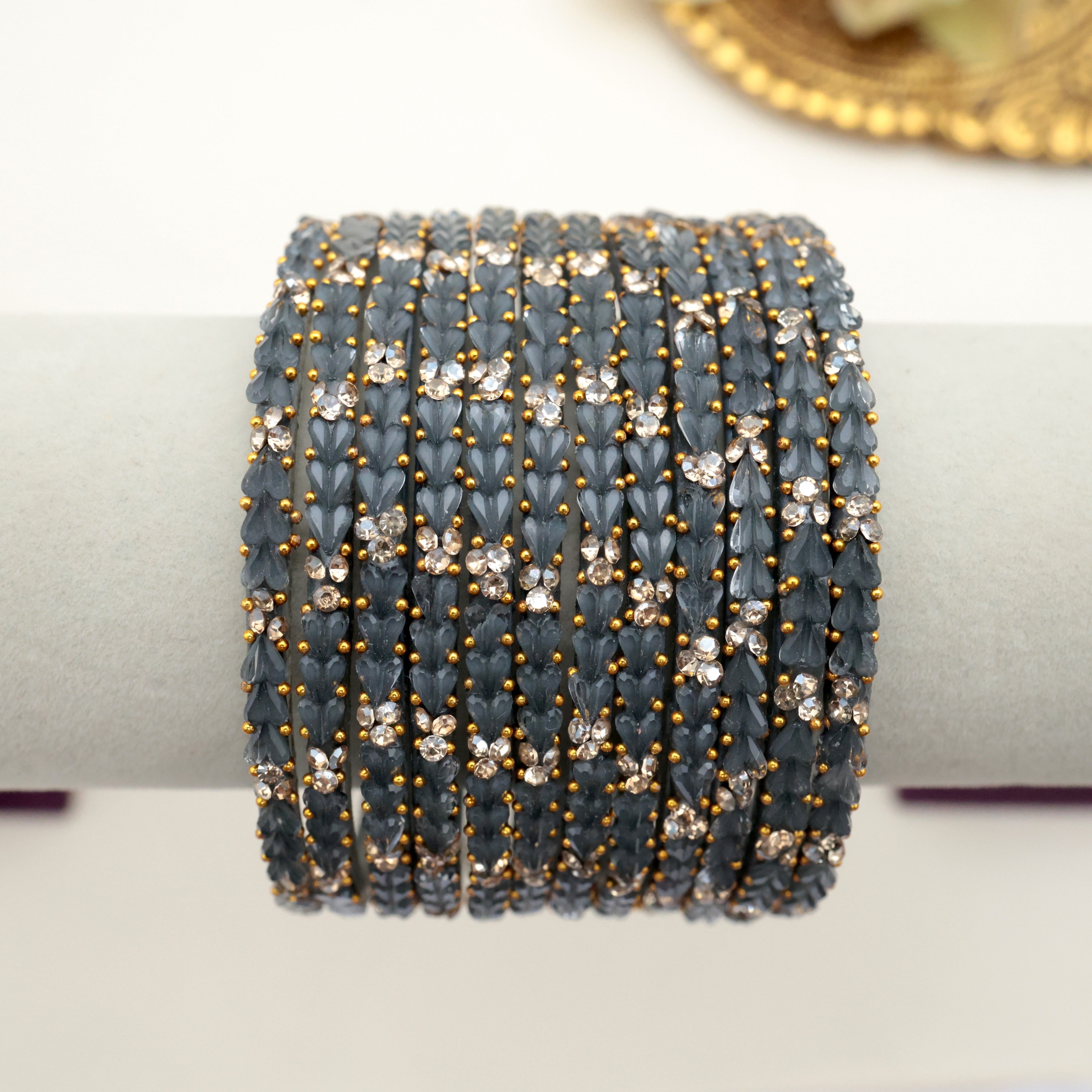 Premium 3 Heart Drops Stone Work Glass Bangles - Grey