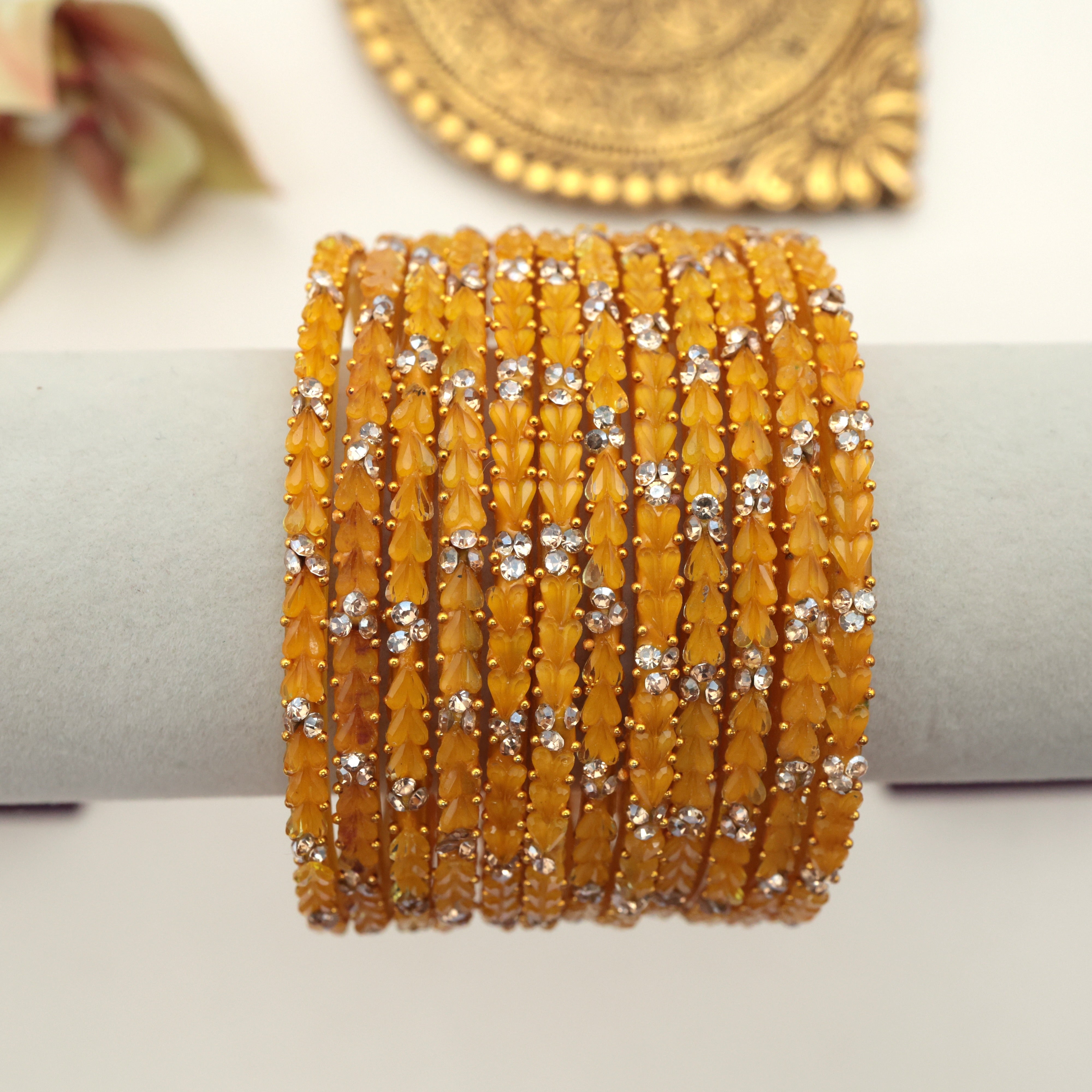 PREMIUM 3 HEART DROPS STONE WORK GLASS BANGLES - HALDI YELLOW (ONE DOZEN)