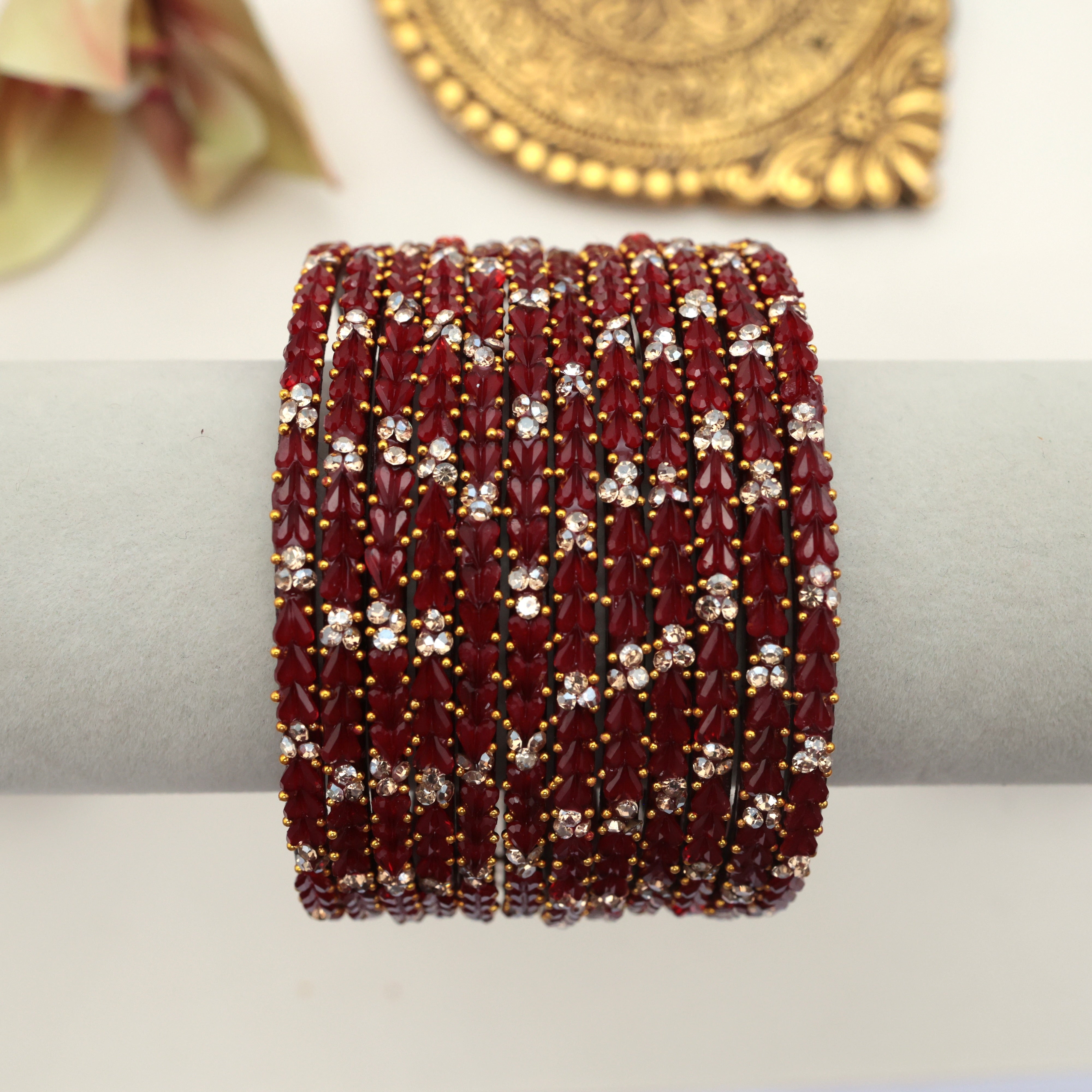 Premium 3 Heart Drops Stone Work Glass Bangles - Maroon (One Dozen)