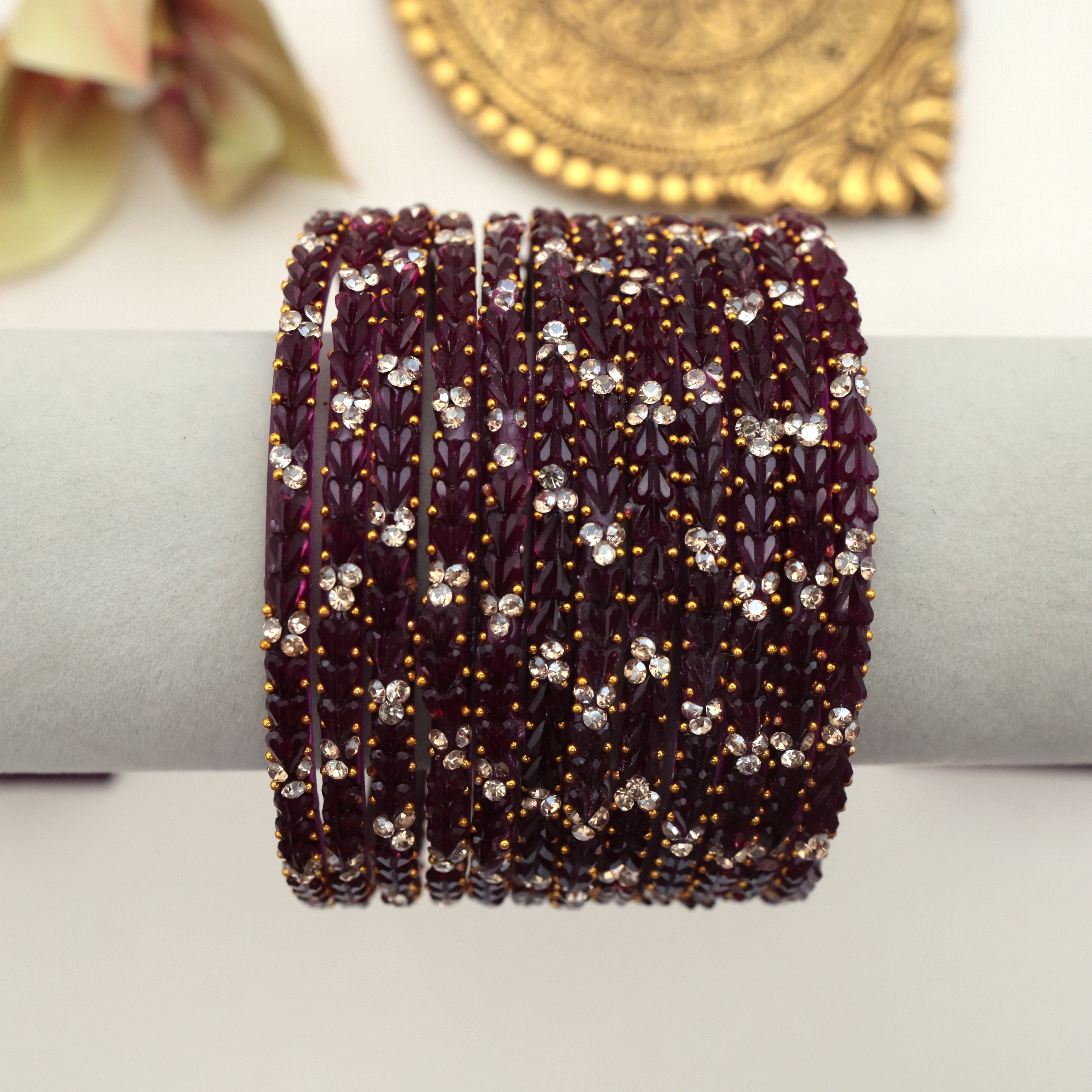 Premium 3 Heart Drop Stone Work Glass Bangles - Wine