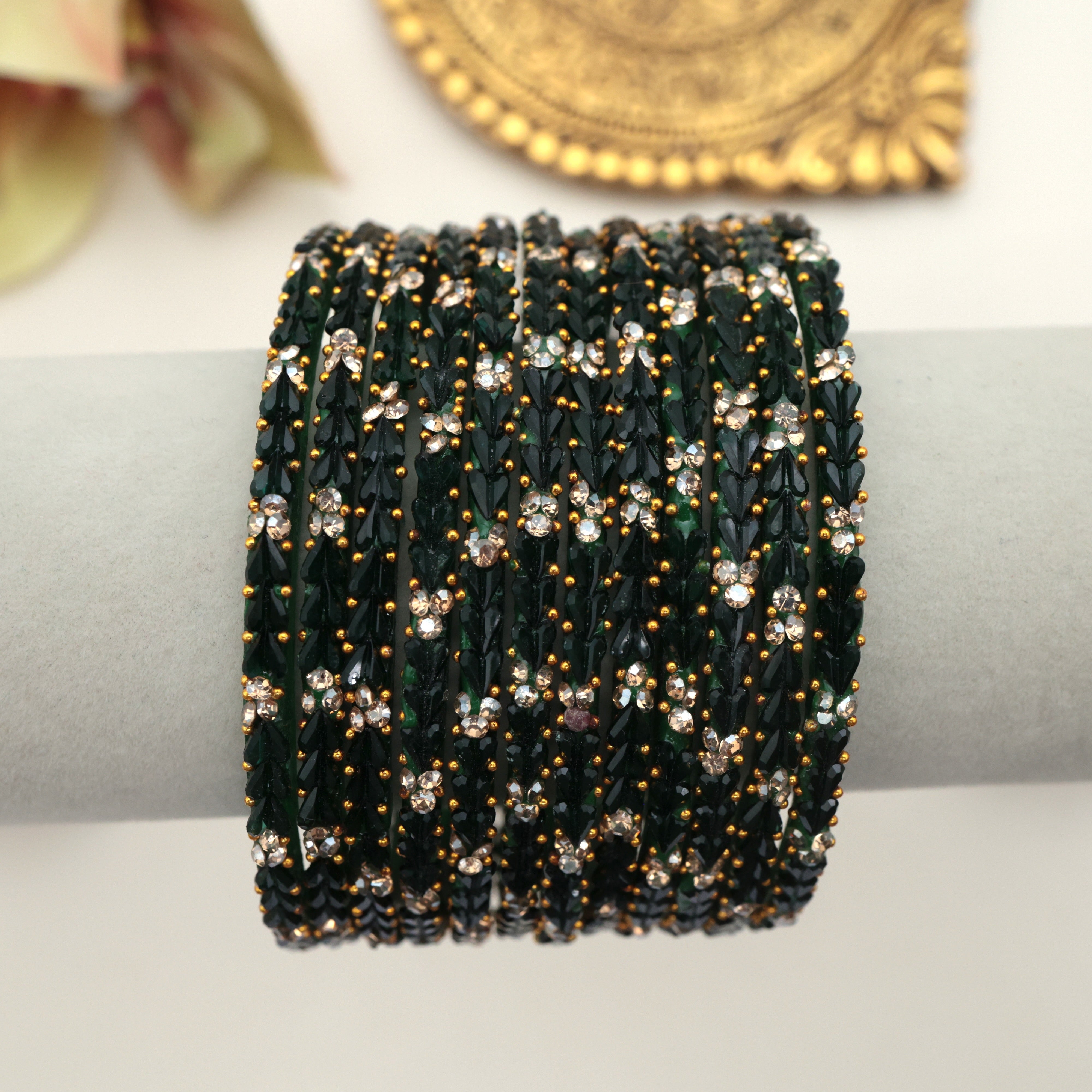 PREMIUM 3 HEART DROPS STONE WORK GLASS BANGLES - FOREST GREEN (ONE DOZEN)