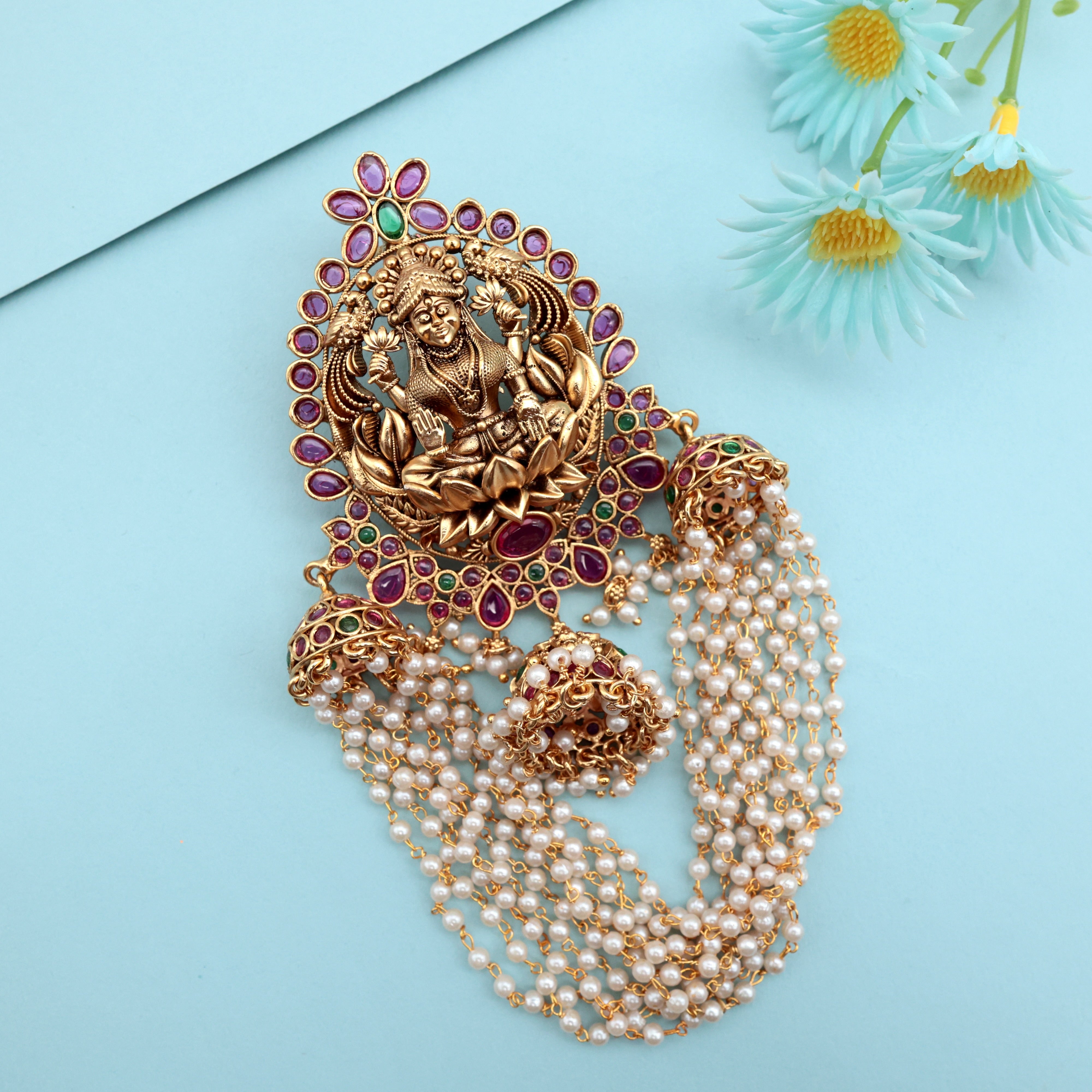 Premium Antique Kemp Mahalakshmi Pearl Hanging Jhumka Choti - Bridal Hair Choti/Jada Billa