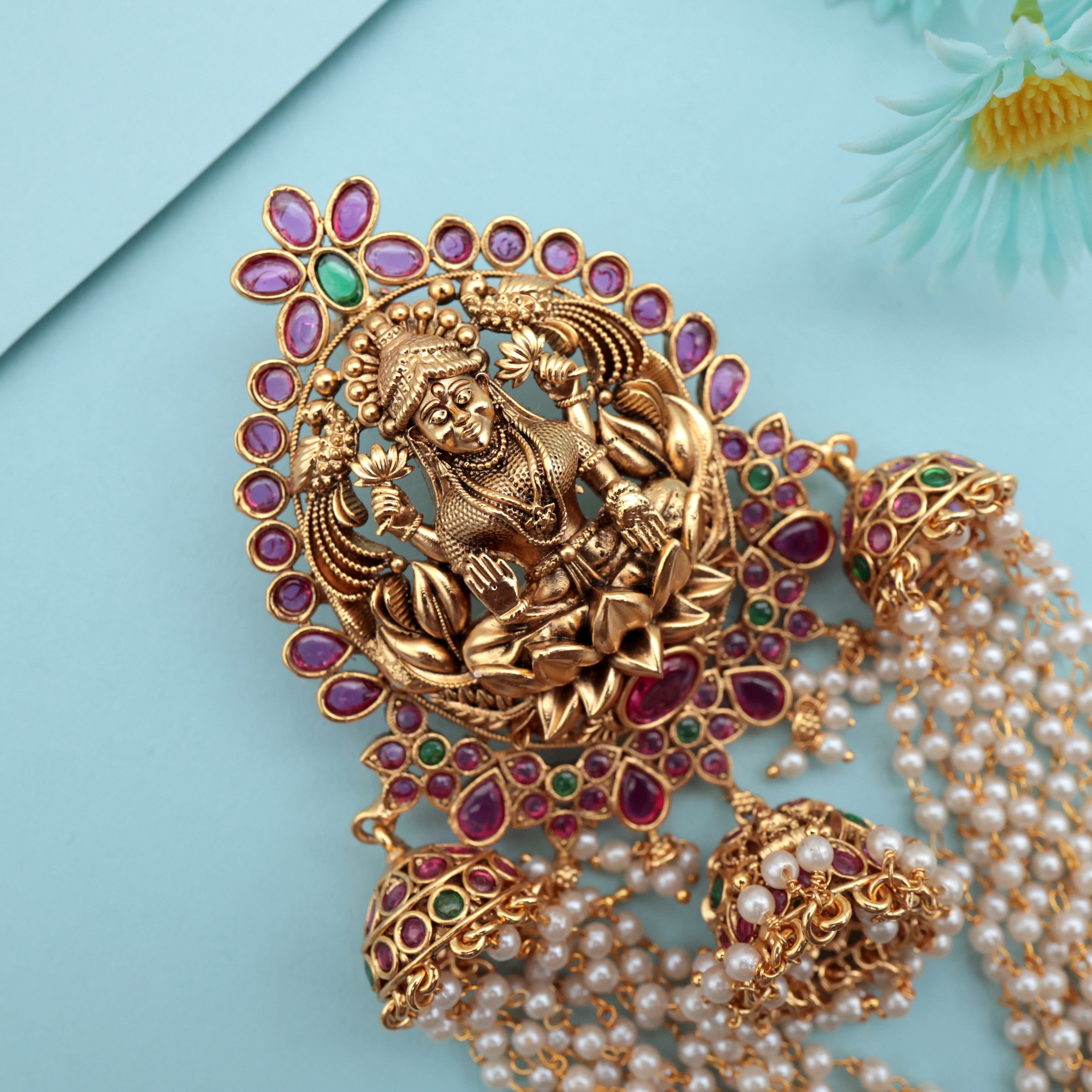 Premium Antique Kemp Mahalakshmi Pearl Hanging Jhumka Choti - Bridal Hair Choti/Jada Billa