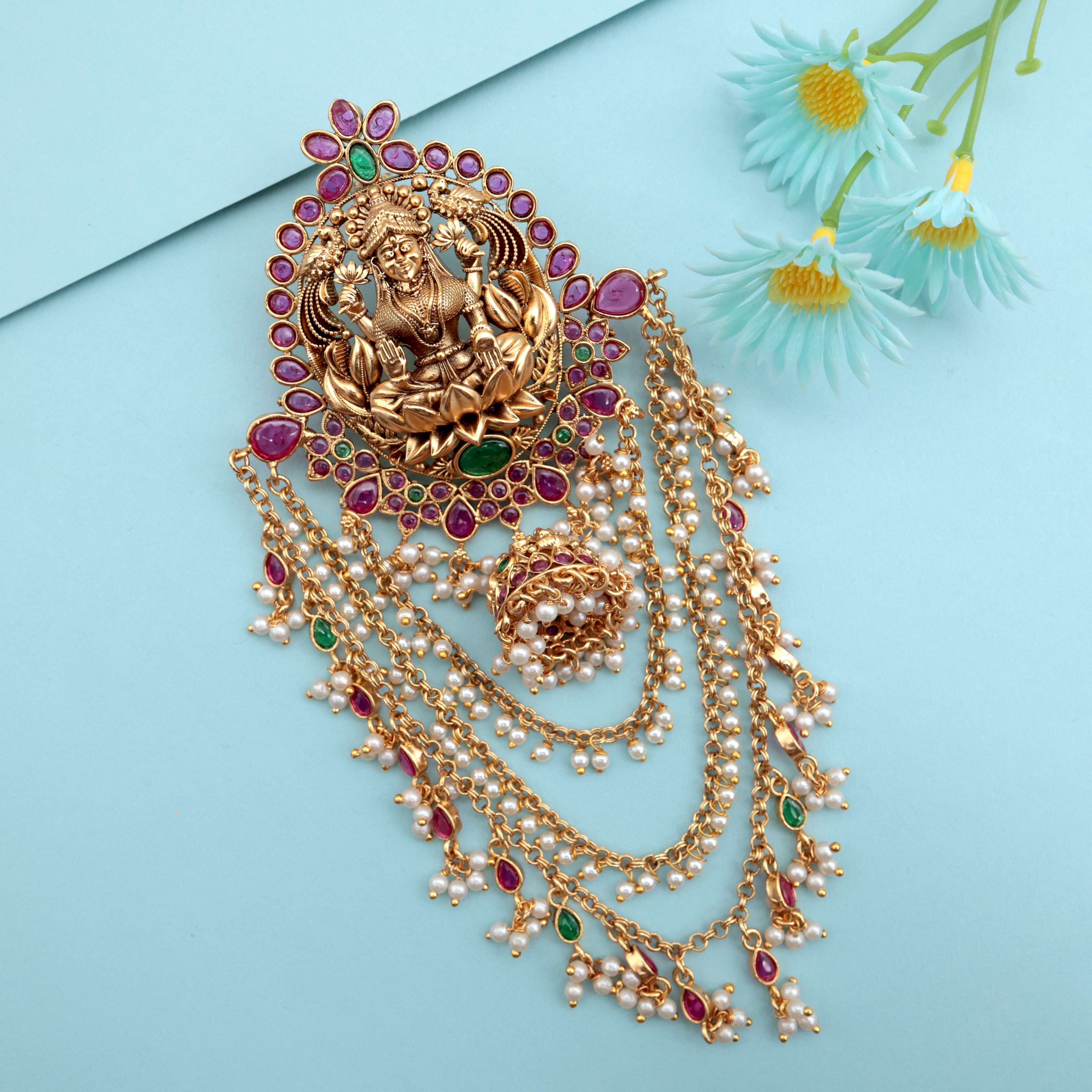 Antique Kemp Lakshmi Jhumka Pearl Hanging Bridal Hair Choti/Jada Billa