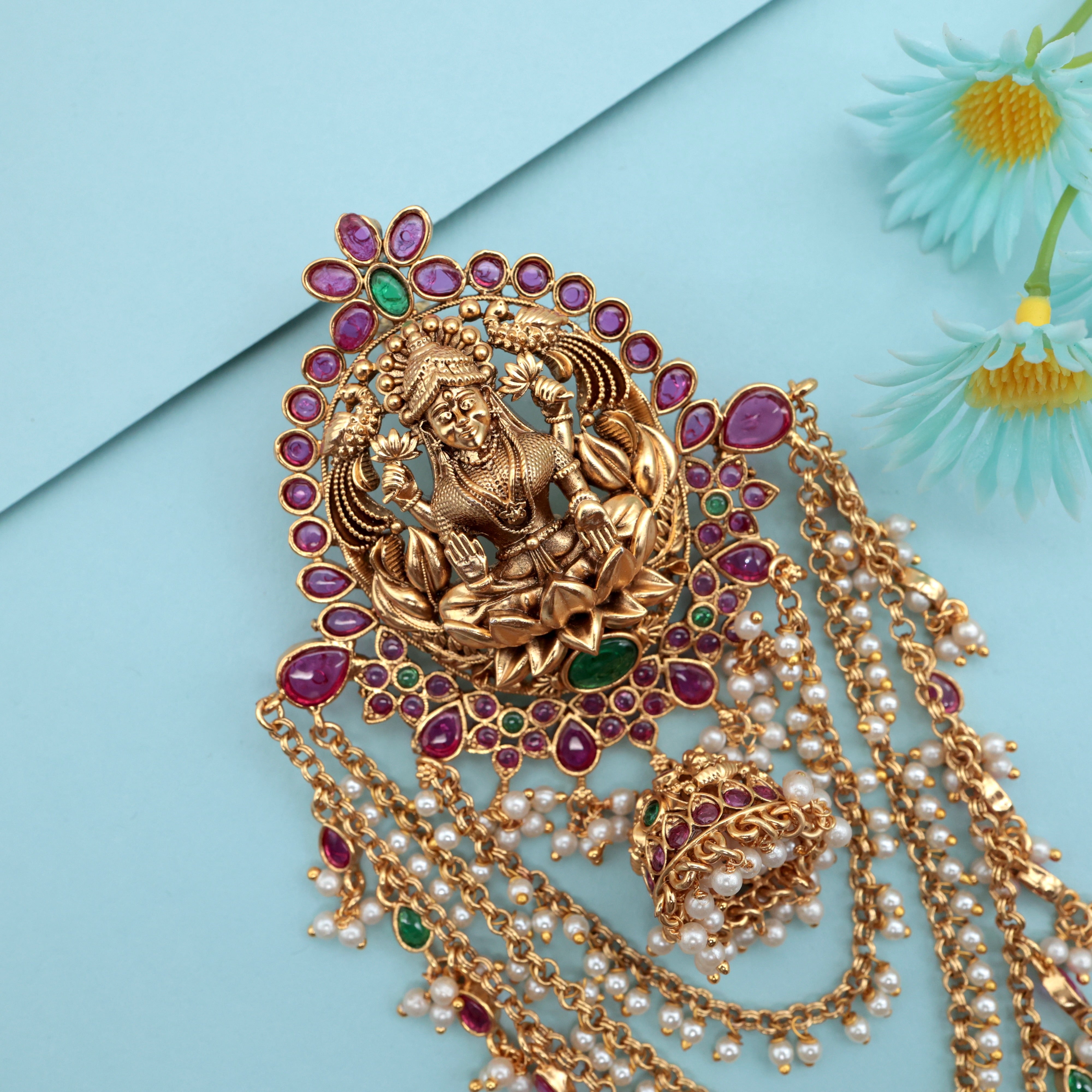 Antique Kemp Lakshmi Jhumka Pearl Hanging Bridal Hair Choti/Jada Billa