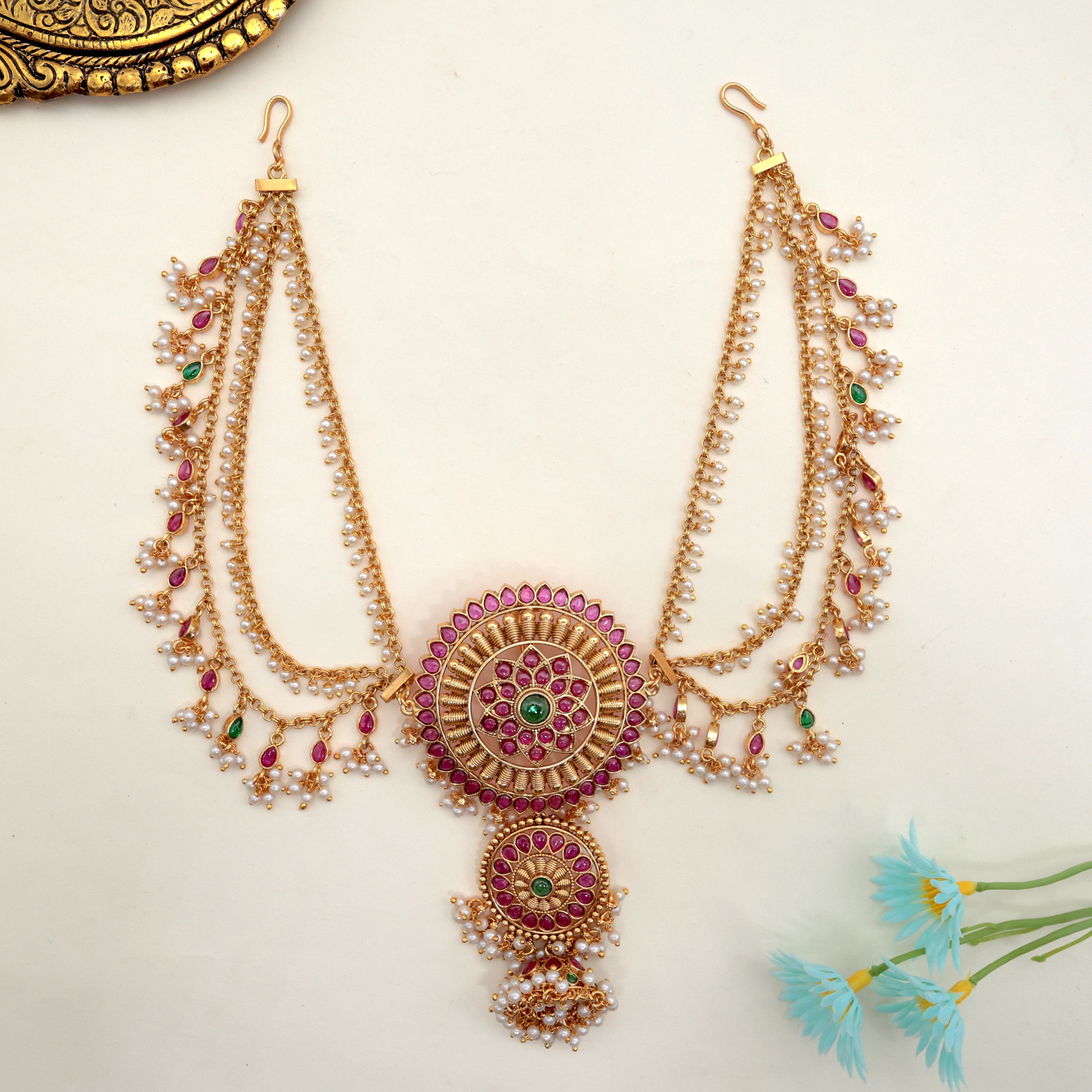 Antique Kemp 2 Layer Flower Chakra Bridal Choti With 3 Layer Maatal