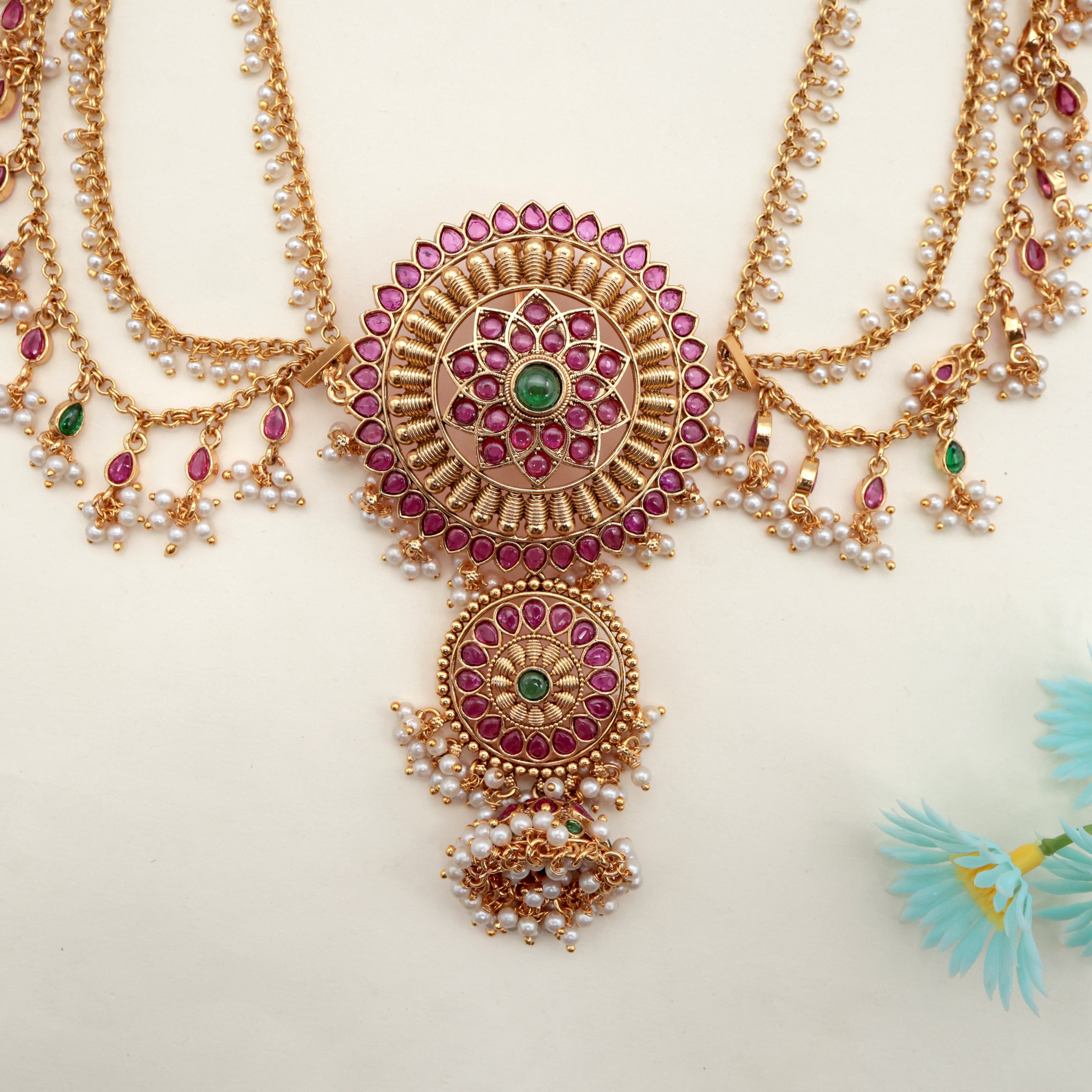 Antique Kemp 2 Layer Flower Chakra Bridal Choti With 3 Layer Maatal