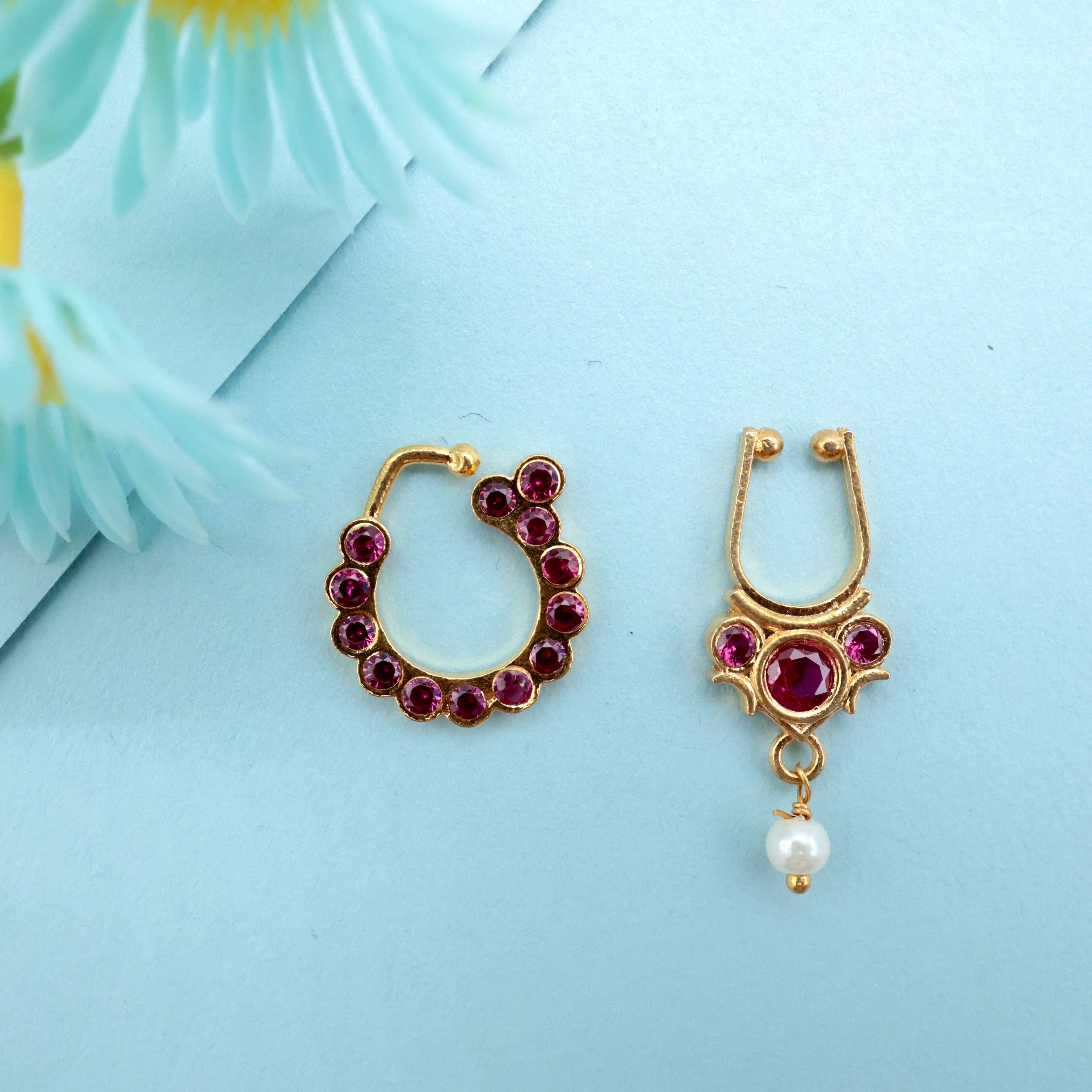 Premium Traditional Kemp Bridal Classic Nose pIn With Bullaku - Nathu Bullaku Set