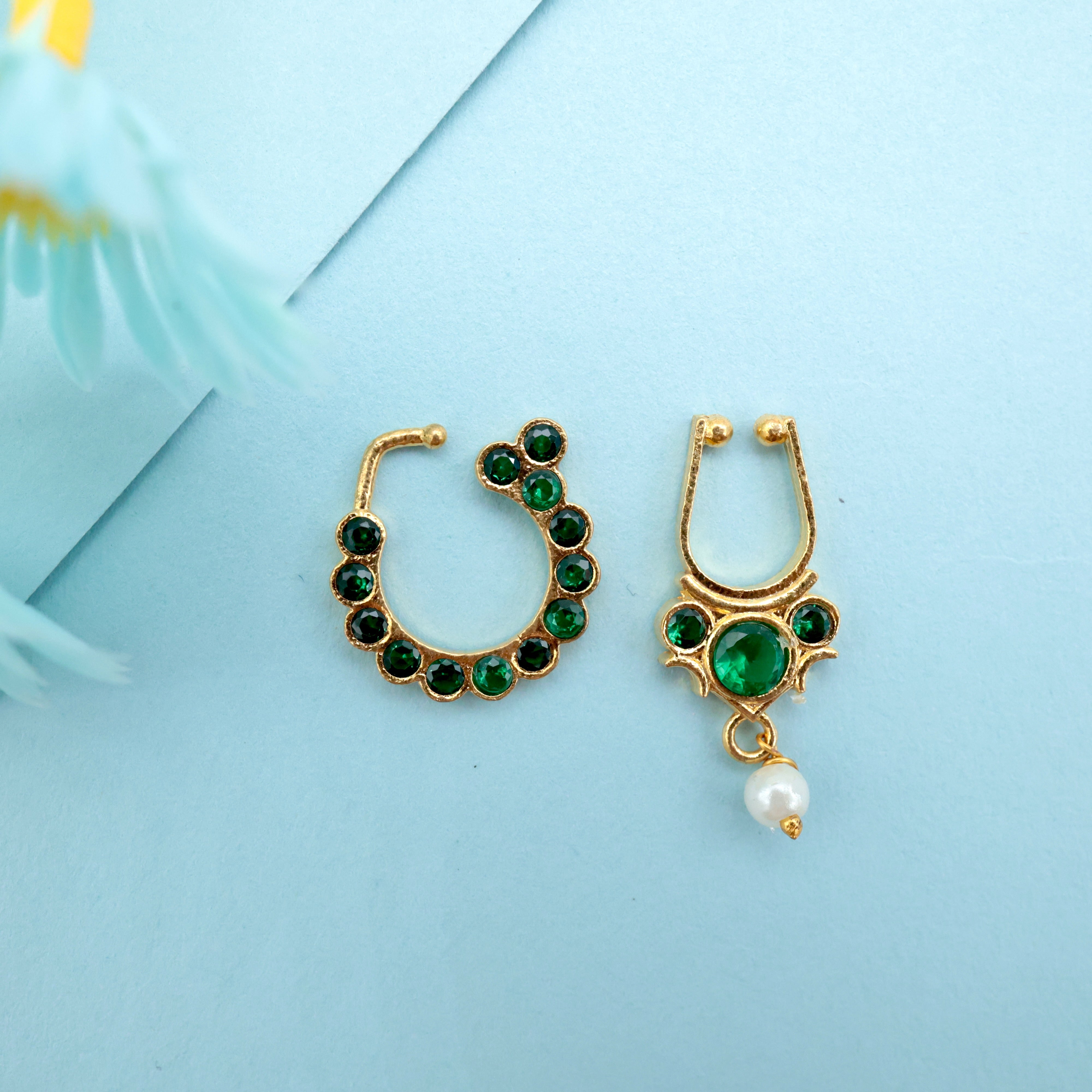 Premium Traditional Kemp Bridal Classic Nose pIn With Bullaku - Nathu Bullaku Set