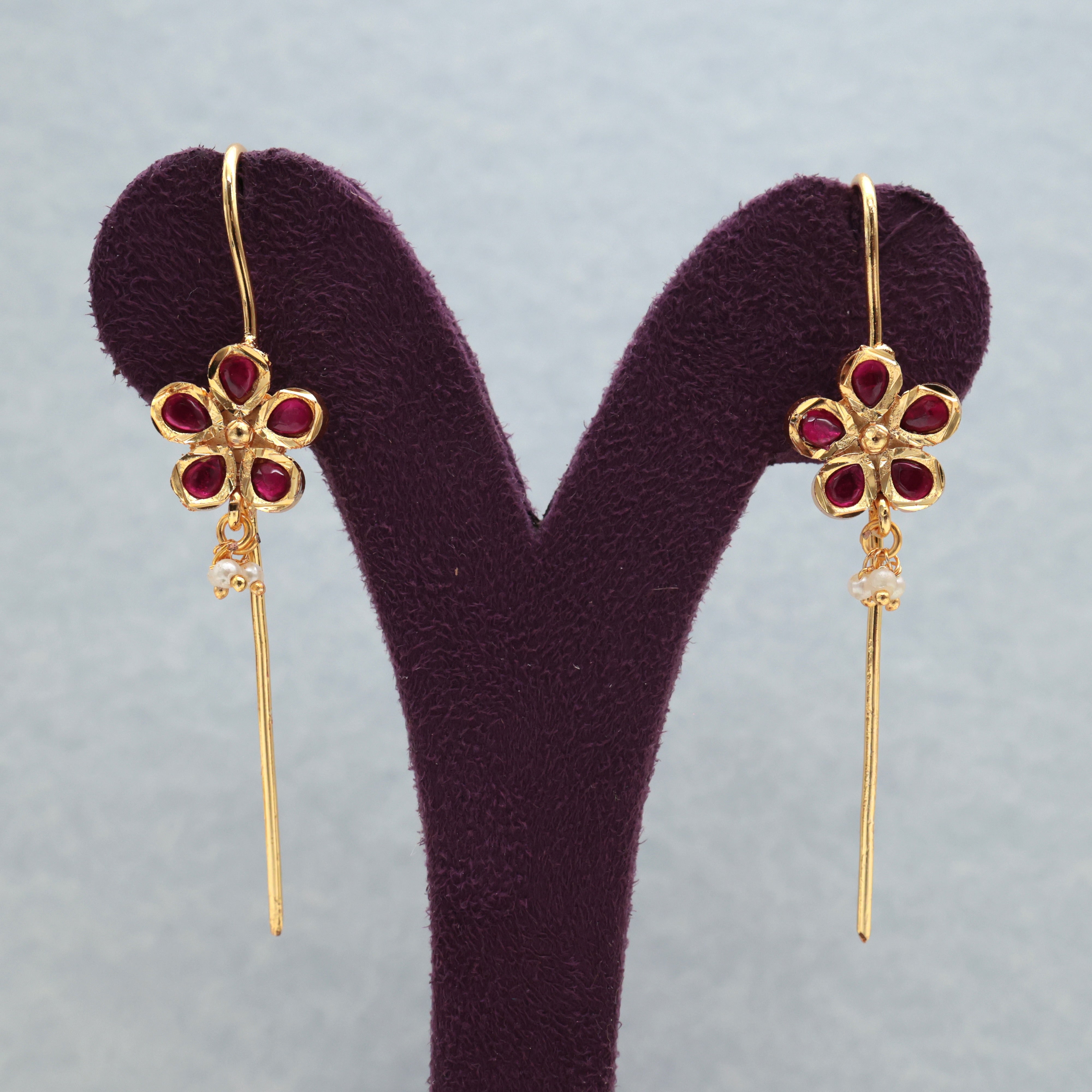 Premium Jadau Kundan 5 Petal Flower Needle Earcuff Earrings