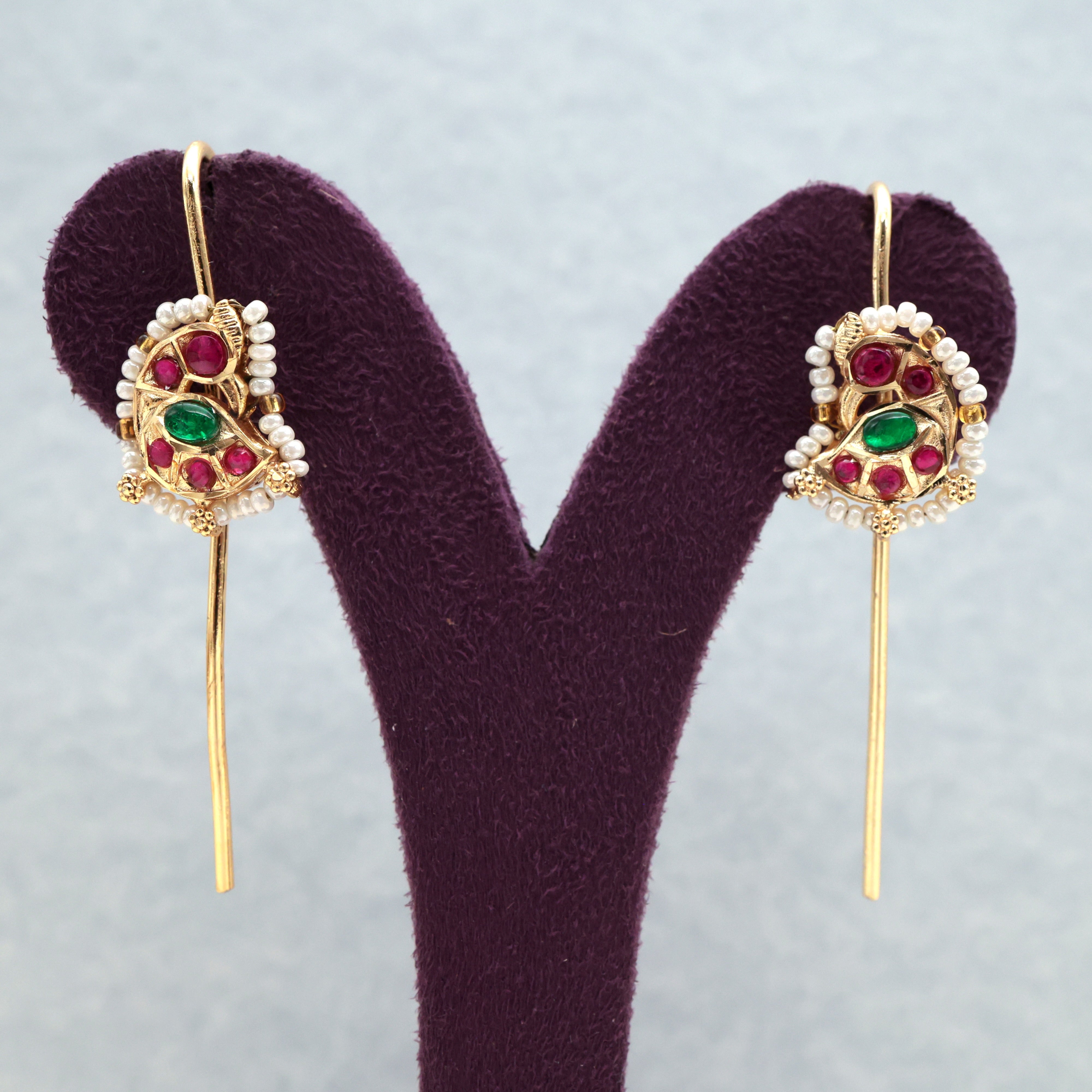 Premium Jadau Kundan Peacock Pearl Outline Needle Earcuff Earrings - Multi