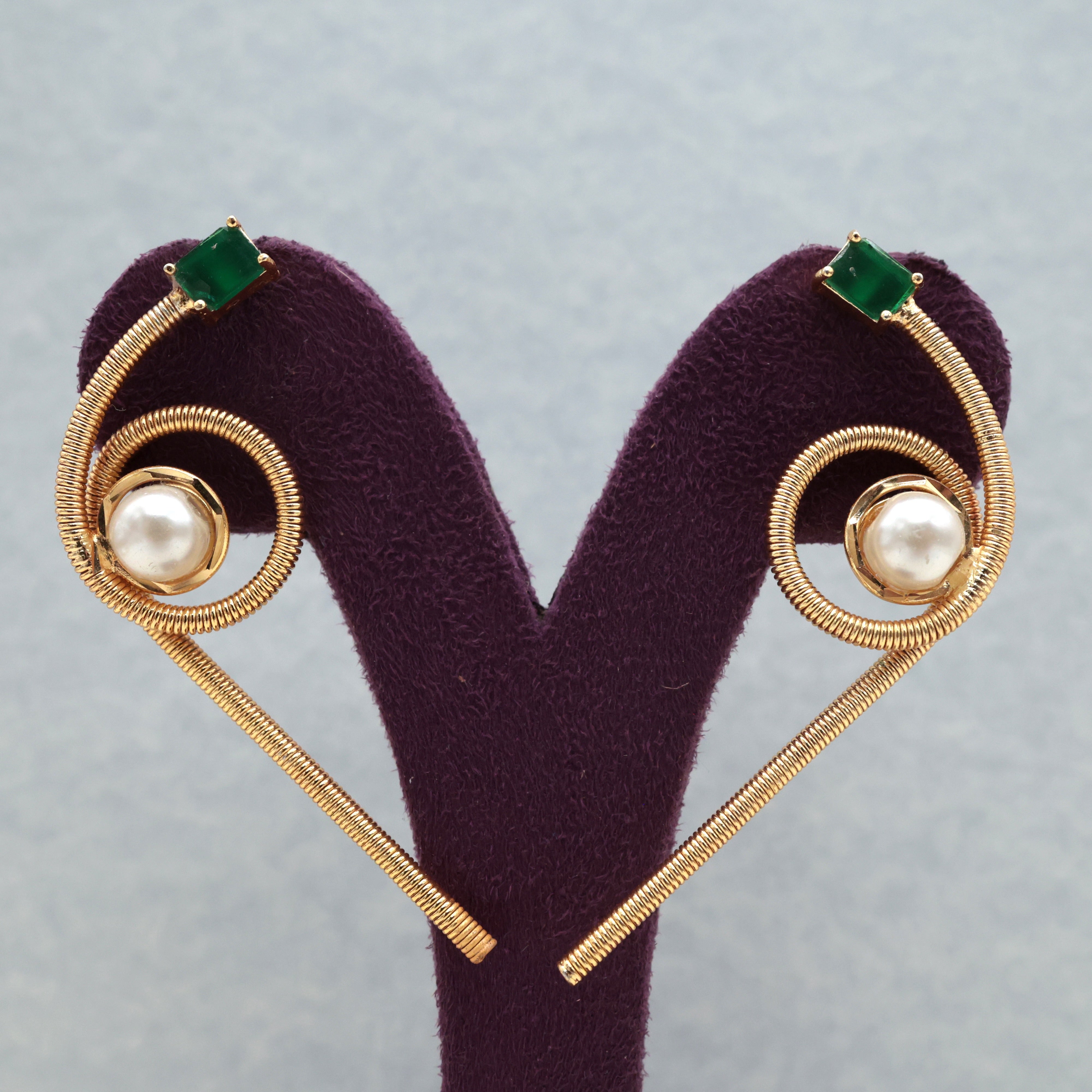 Pearl Spiral Spring Emerald Stone Contemporary Earrings