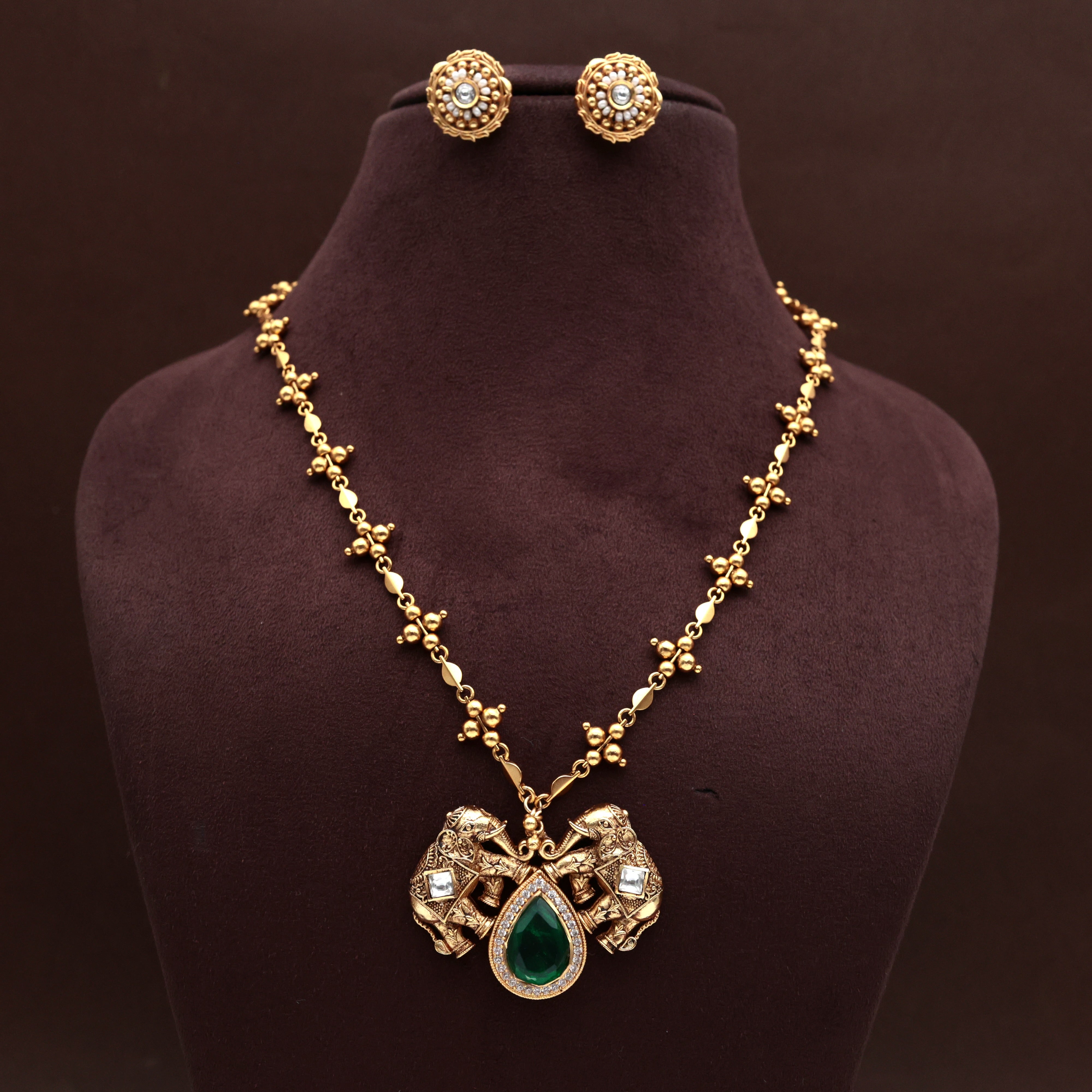 ANTIQUE GOLD AD JADAU KUNDAN PAN MANI MALA ROYAL ELEPHANTS PENDANT CHAIN SET - GREEN