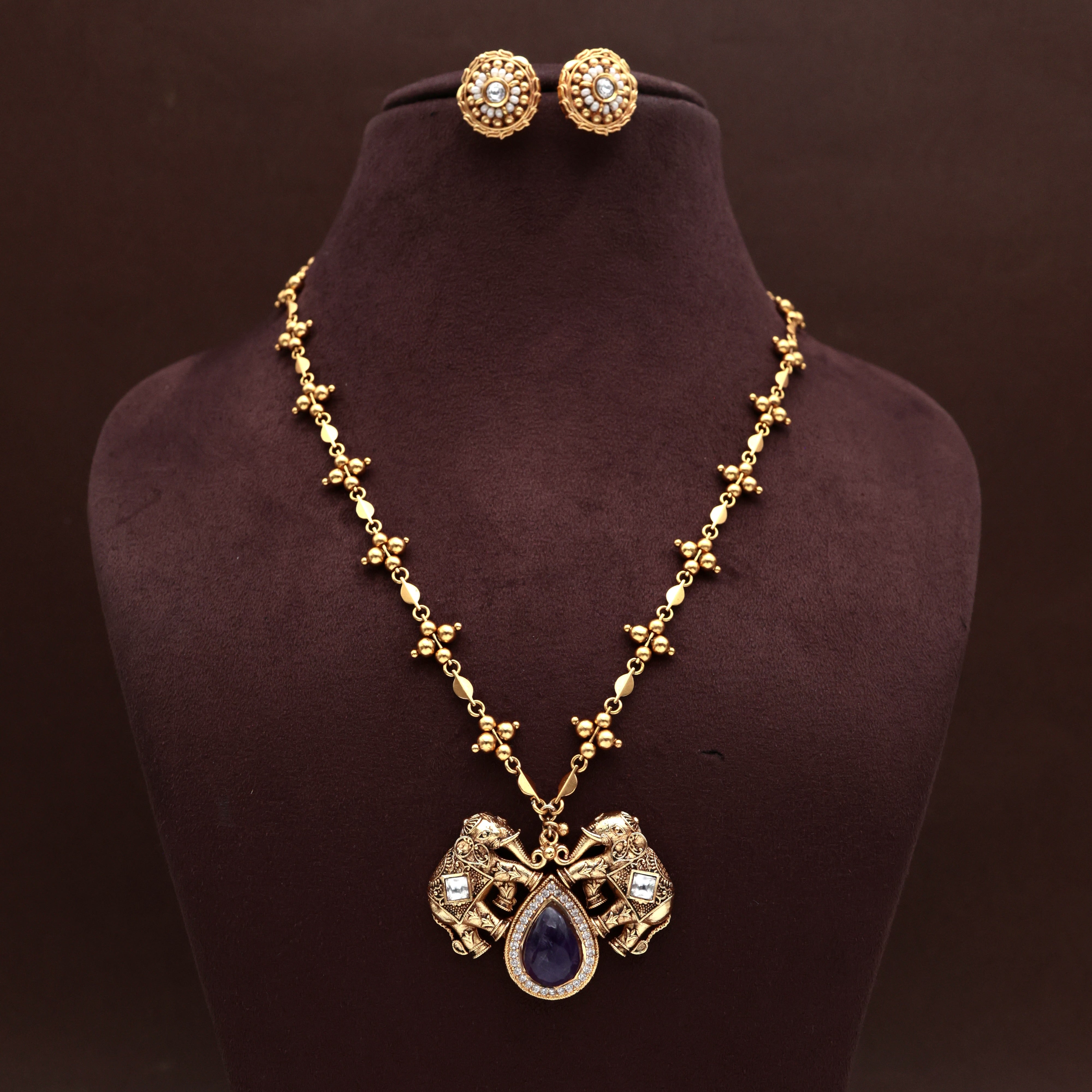 ANTIQUE GOLD AD JADAU KUNDAN PAN MANI MALA ROYAL ELEPHANTS PENDANT CHAIN SET - PURPLE