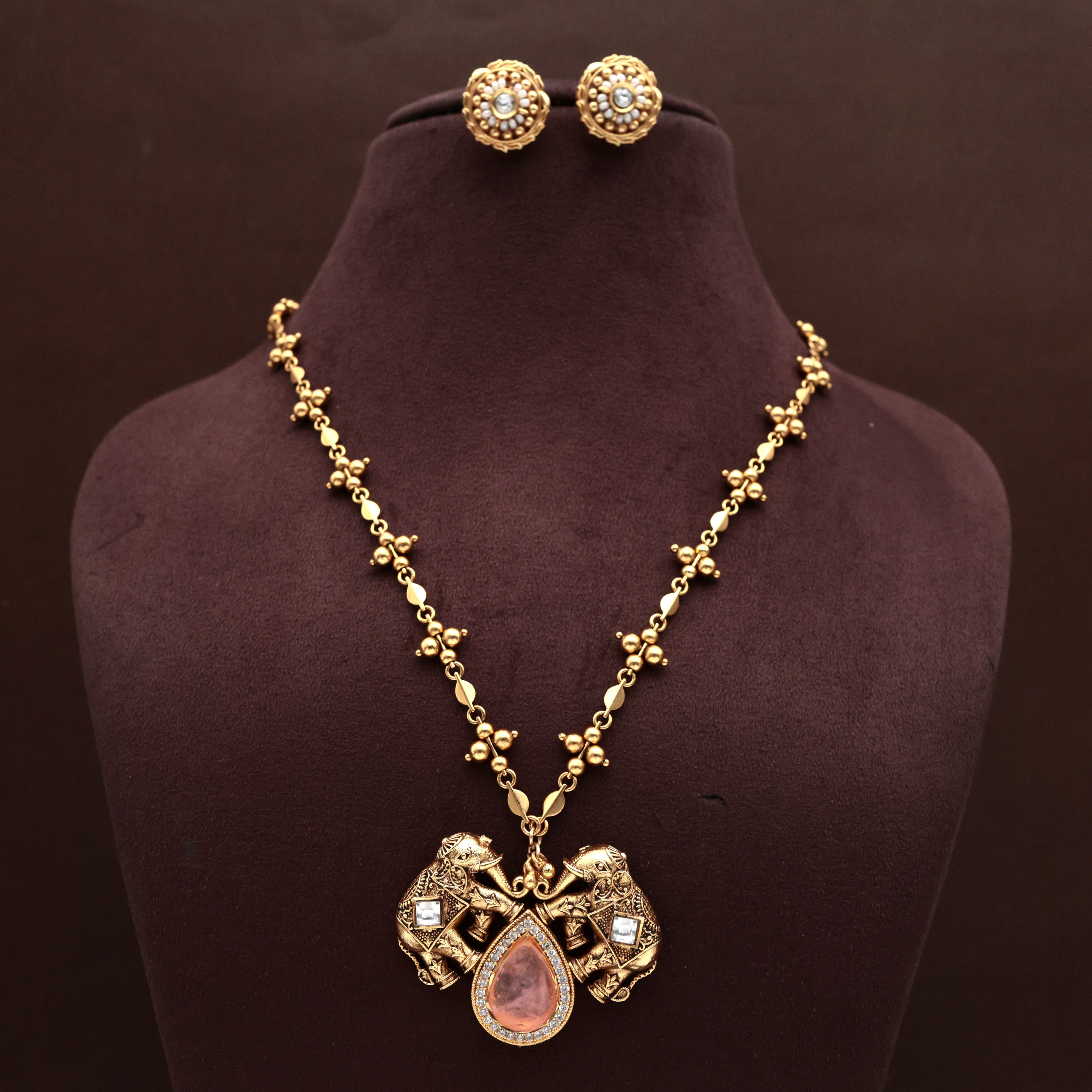 ANTIQUE GOLD AD JADAU KUNDAN PAN MANI MALA ROYAL ELEPHANTS PENDANT CHAIN SET - PEACH