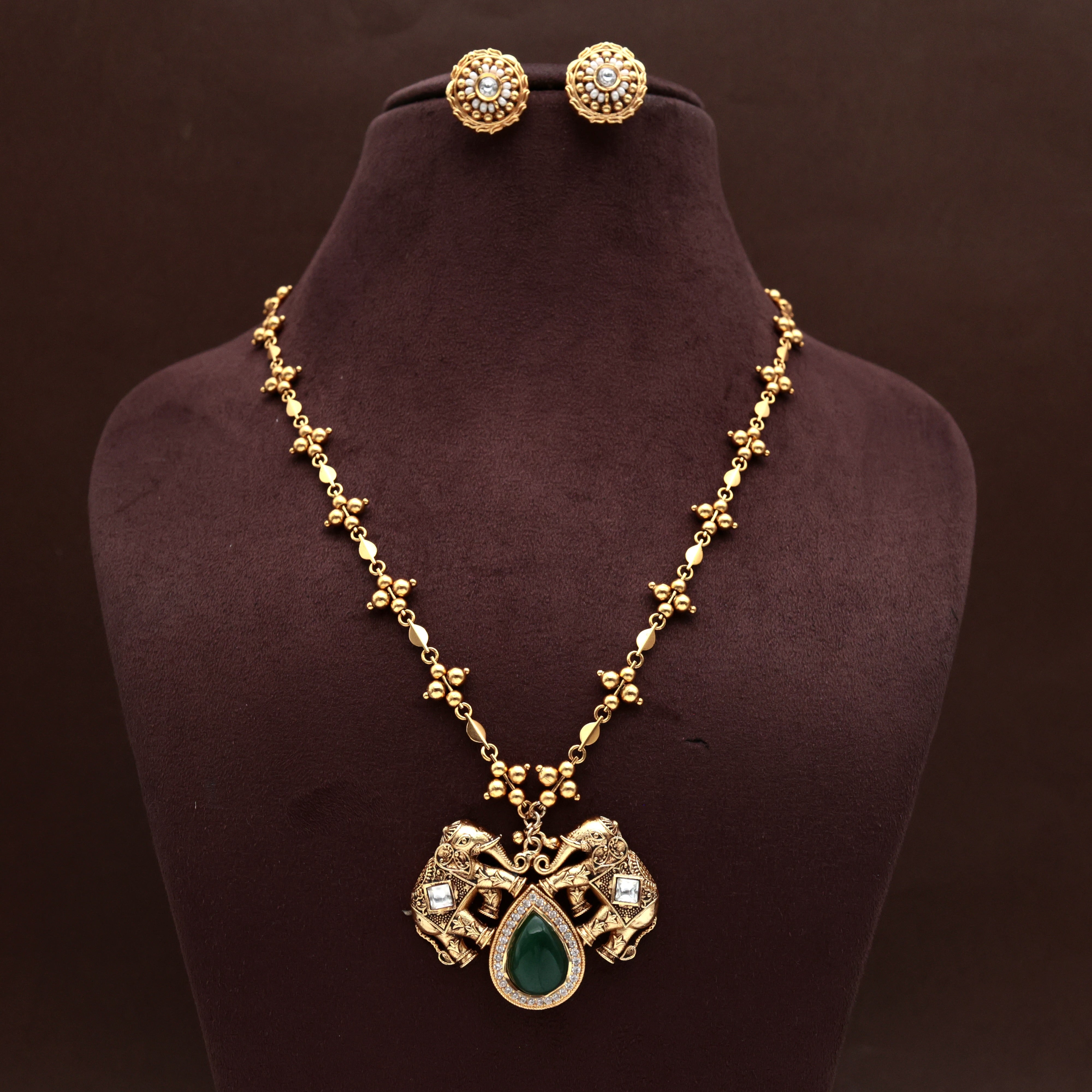 ANTIQUE GOLD AD JADAU KUNDAN PAN MANI MALA ROYAL ELEPHANTS PENDANT CHAIN SET - GREEN