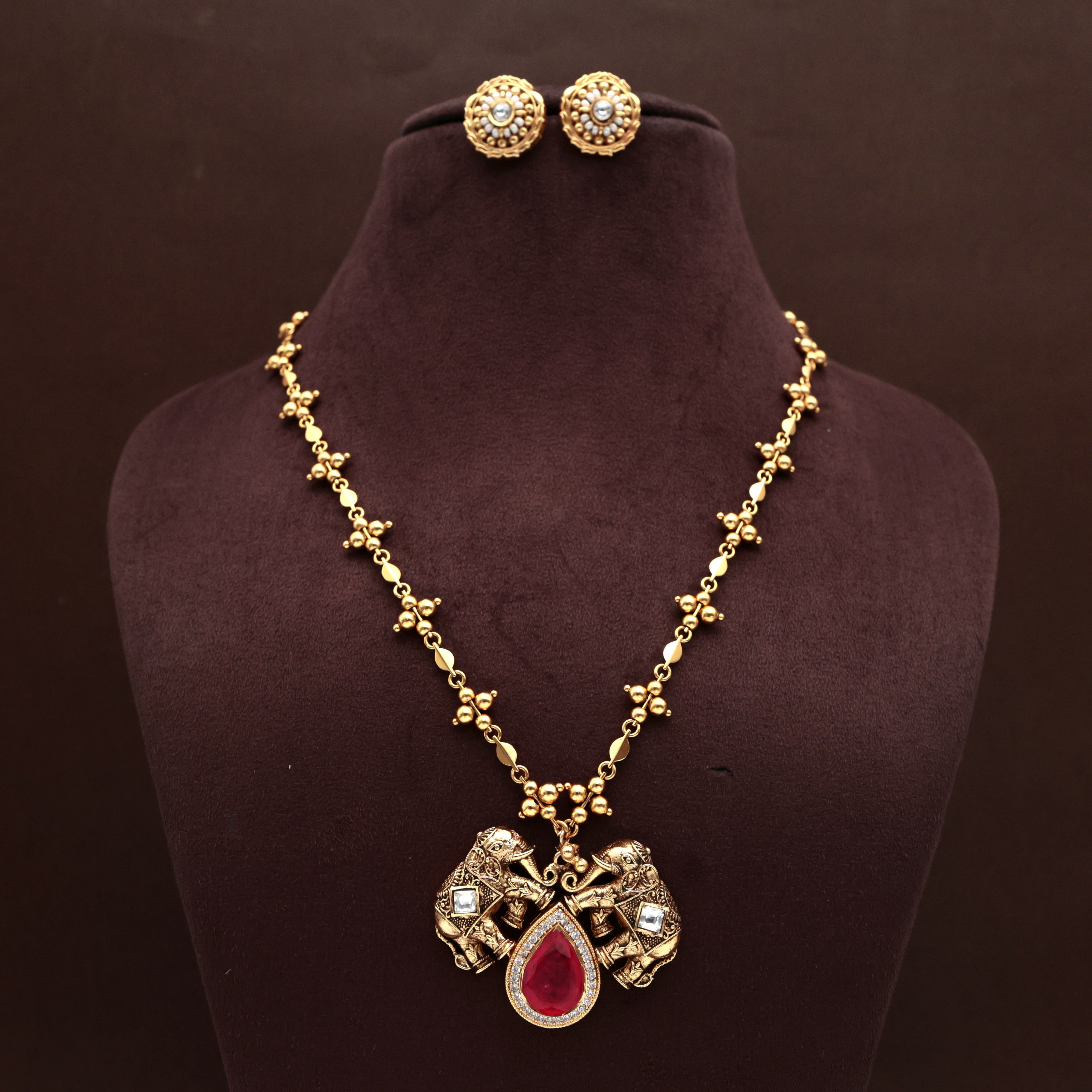 Antique Gold Jadau Kundan Pan Mani Mala Royal Elephants Pendant Chain Set - Red