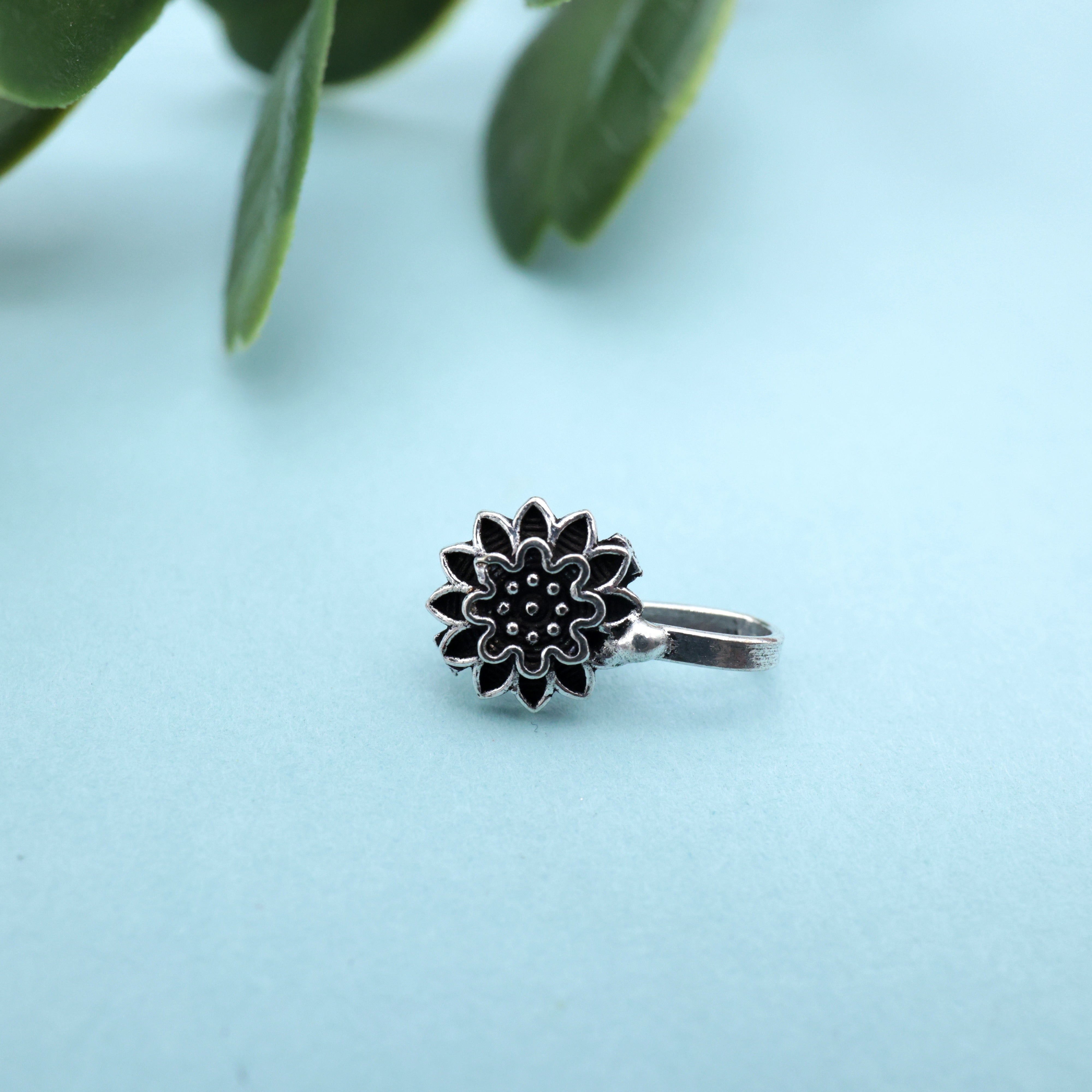 GERMAN SILVER OXIDISED SUNFLOWER CLIP ON NOSEPIN - GERMAN SILVER NOSE PINS FOR NON-PIERCED NOSE