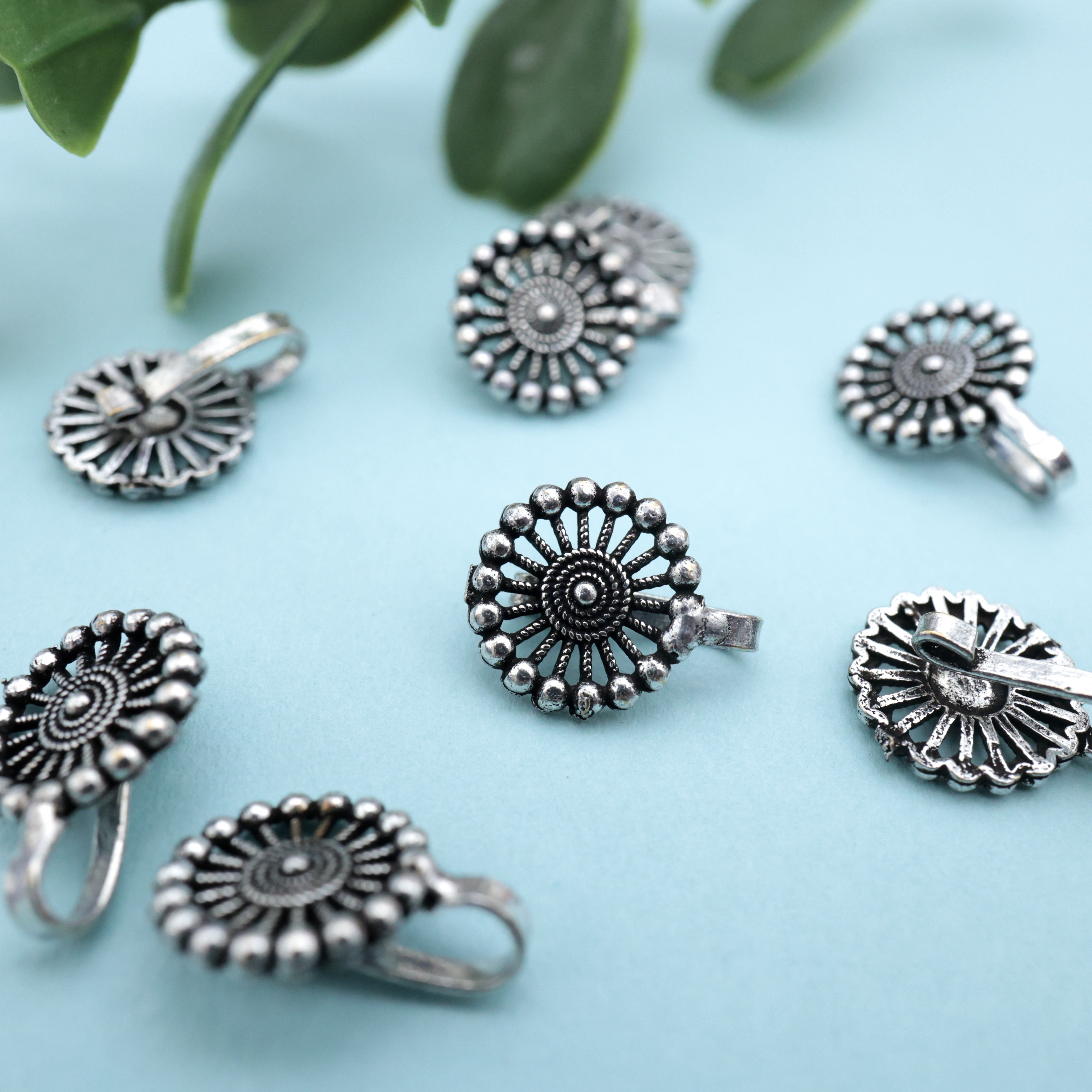 GERMAN SILVER OXIDISED COTTON FLOWER CLIP ON NOSEPIN - GERMAN SILVER NOSE PINS FOR NON-PIERCED NOSE