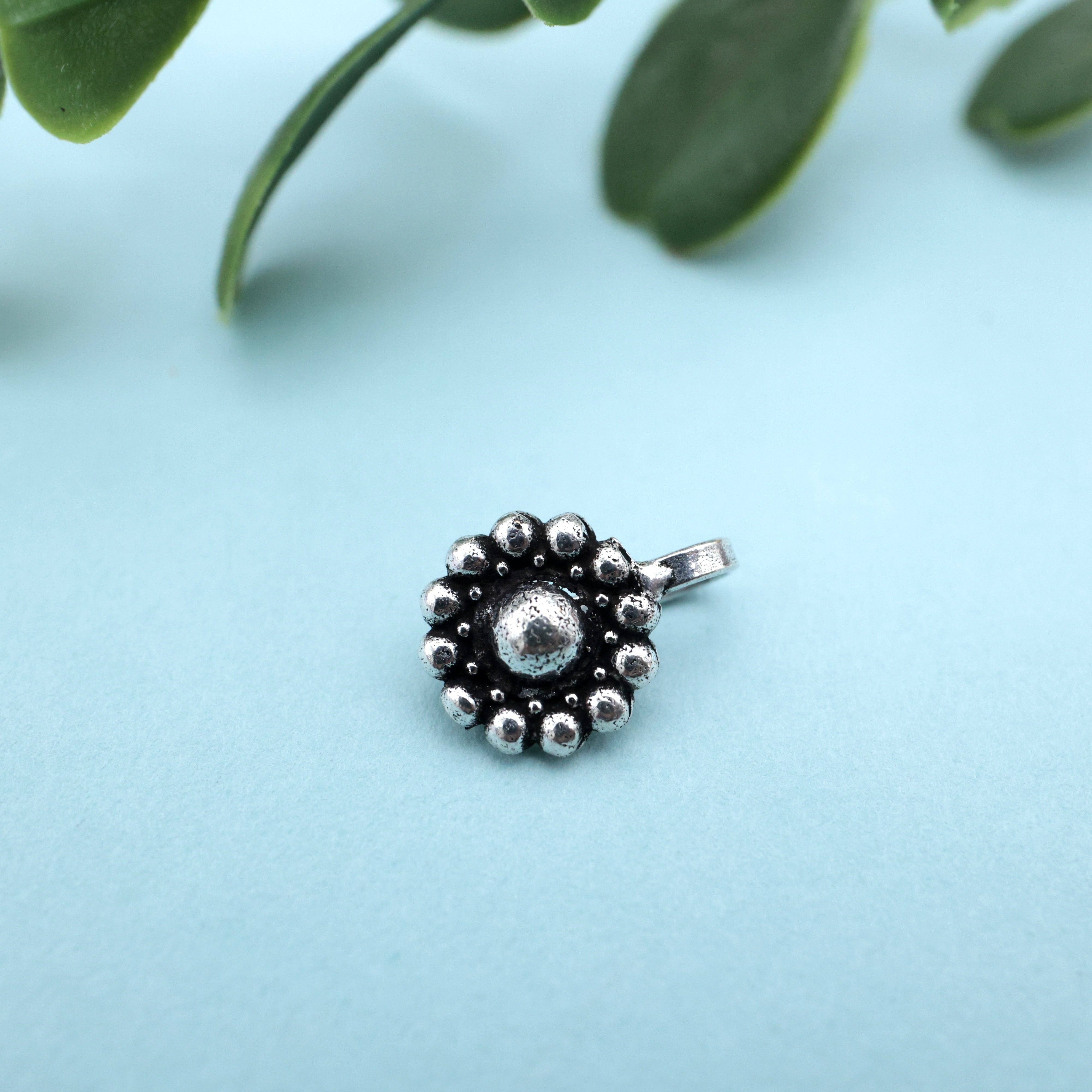 German Silver Oxidised Flower Clip On Nosepin - German Silver Nose Pins For Non-Pierced Nose