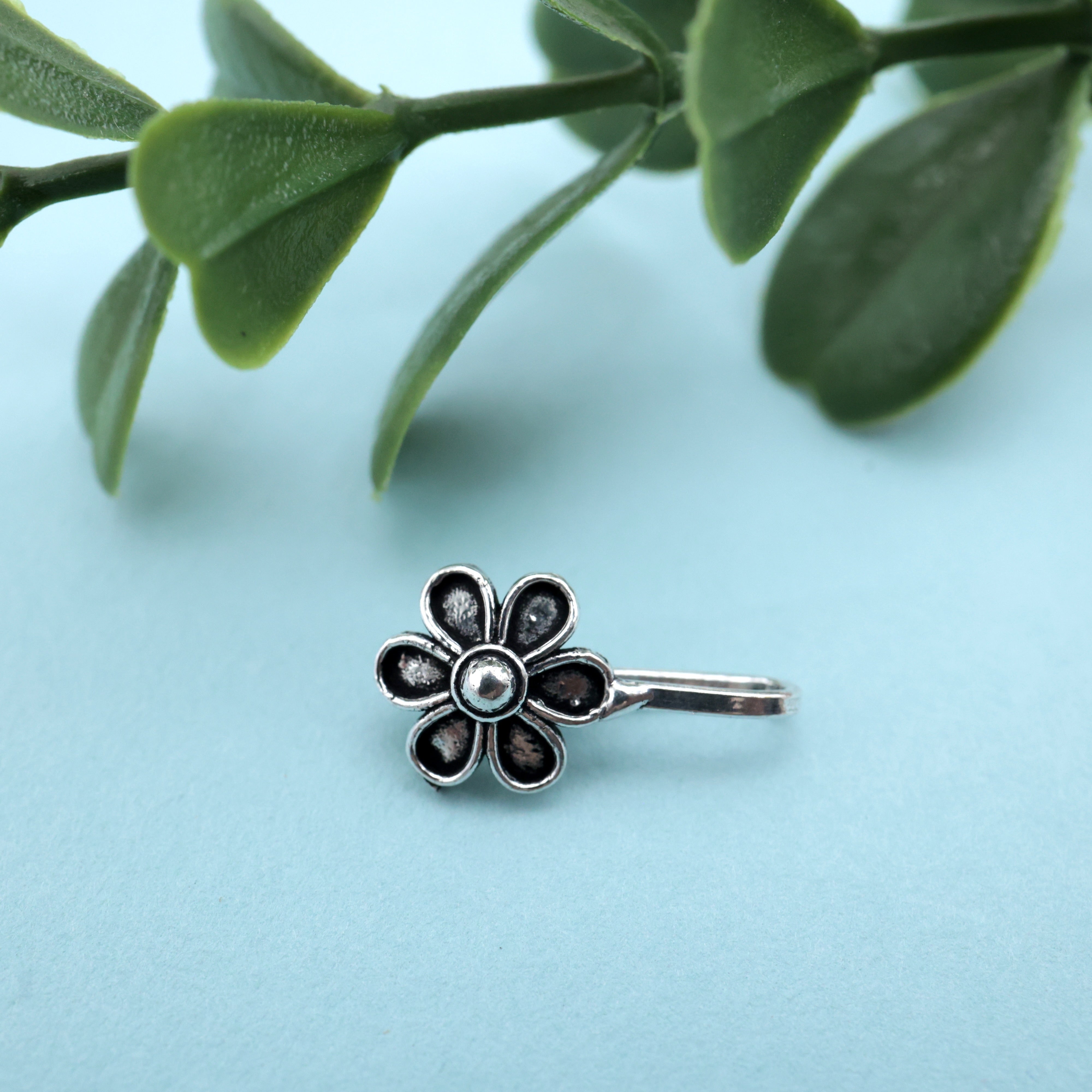 German Silver Oxidised Flower Clip On Nosepin - German Silver Nose Pins For Non-Pierced Nose