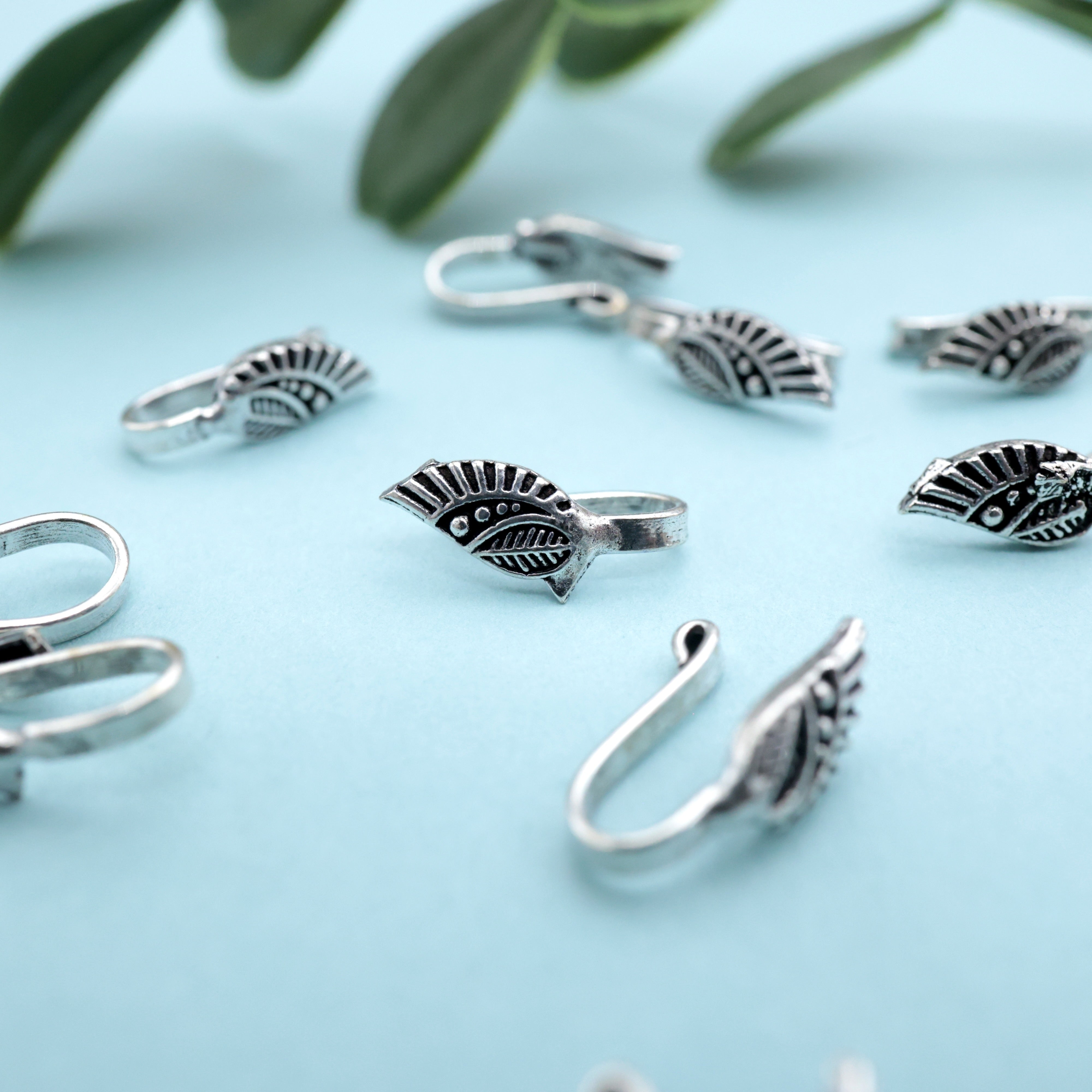 German Silver Oxidised Leaf Clip On Nosepin - German Silver Nose Pins For Non-Pierced Nose