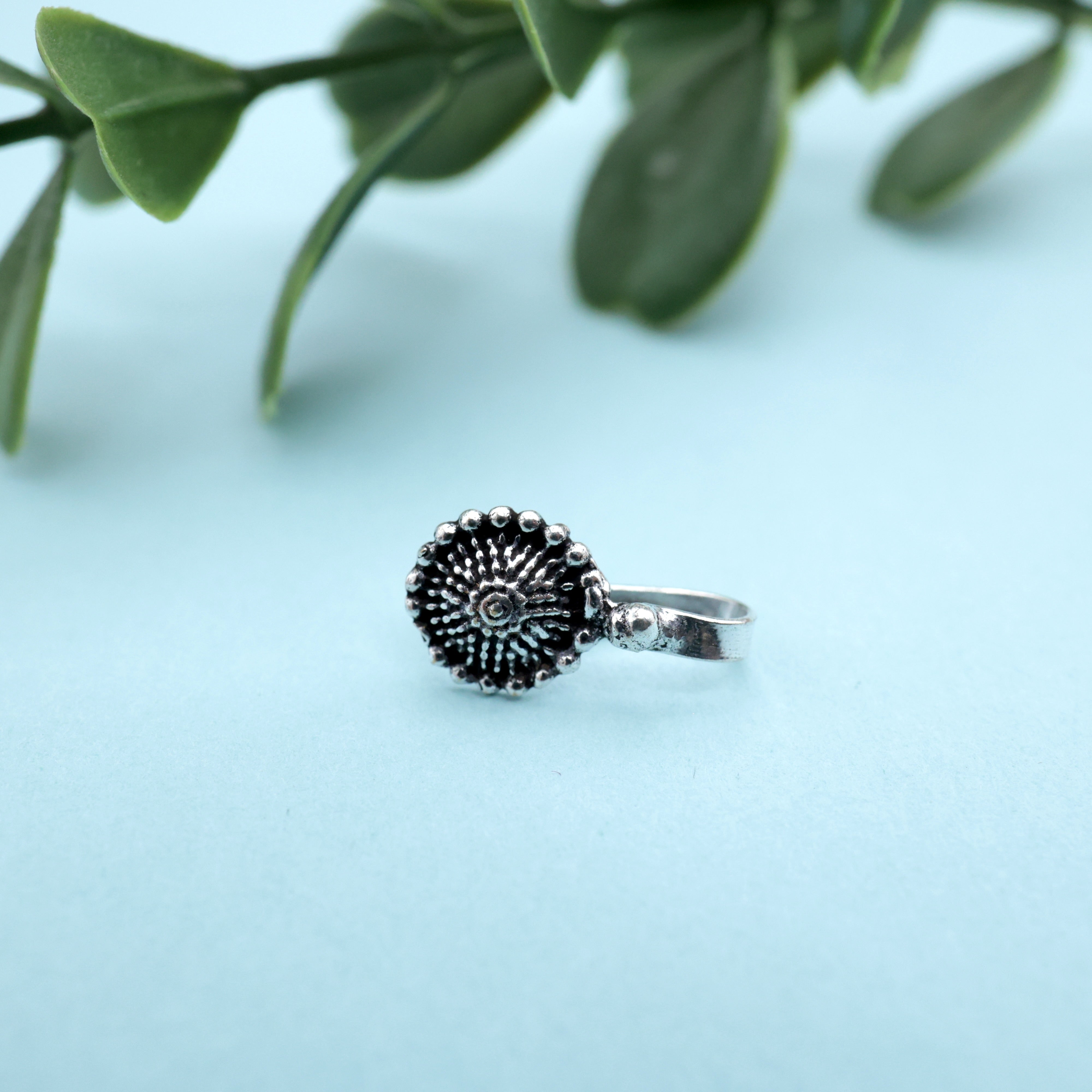 German Silver Oxidised Flower Clip On Nosepin - German Silver Nose Pins For Non-Pierced Nose