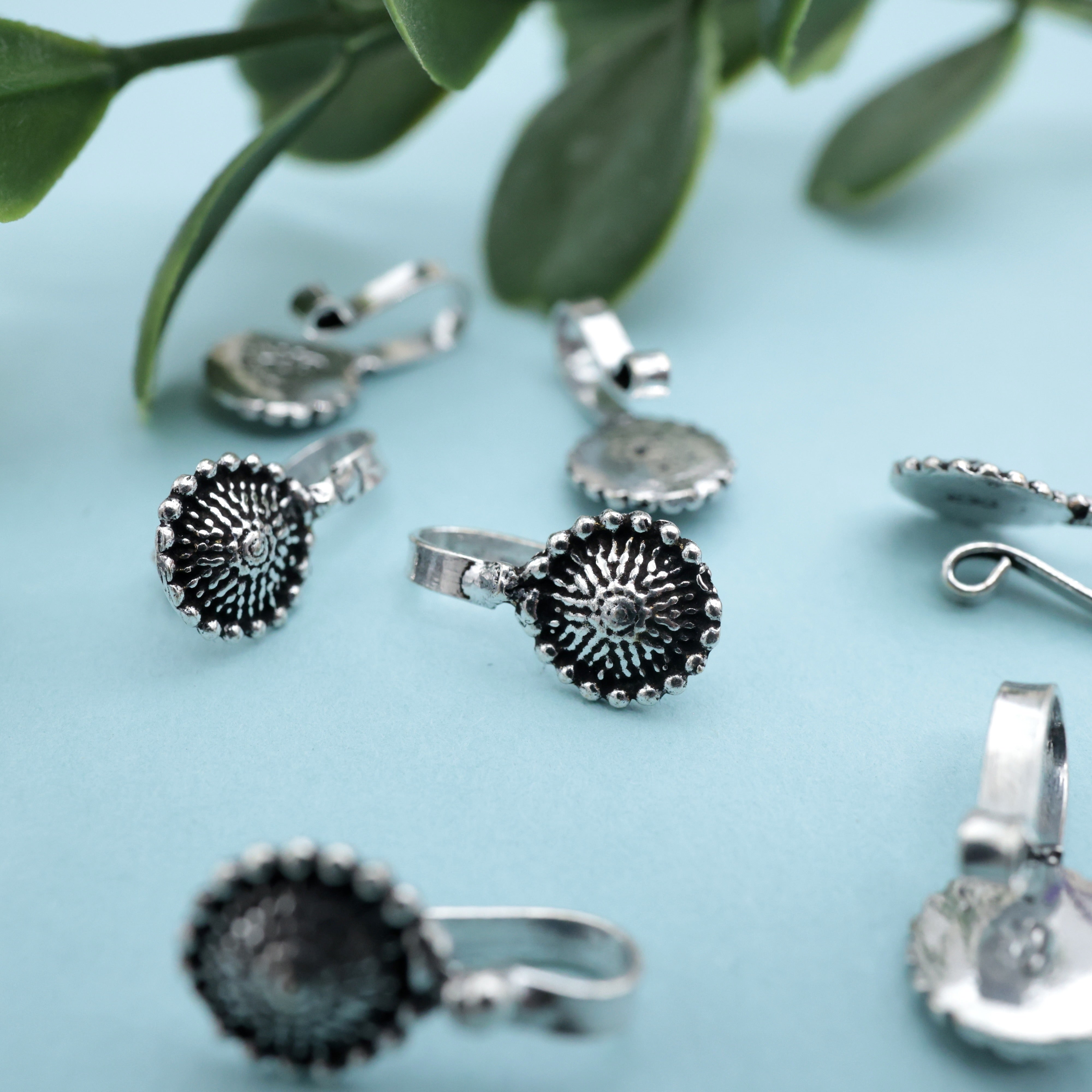 German Silver Oxidised Flower Clip On Nosepin - German Silver Nose Pins For Non-Pierced Nose