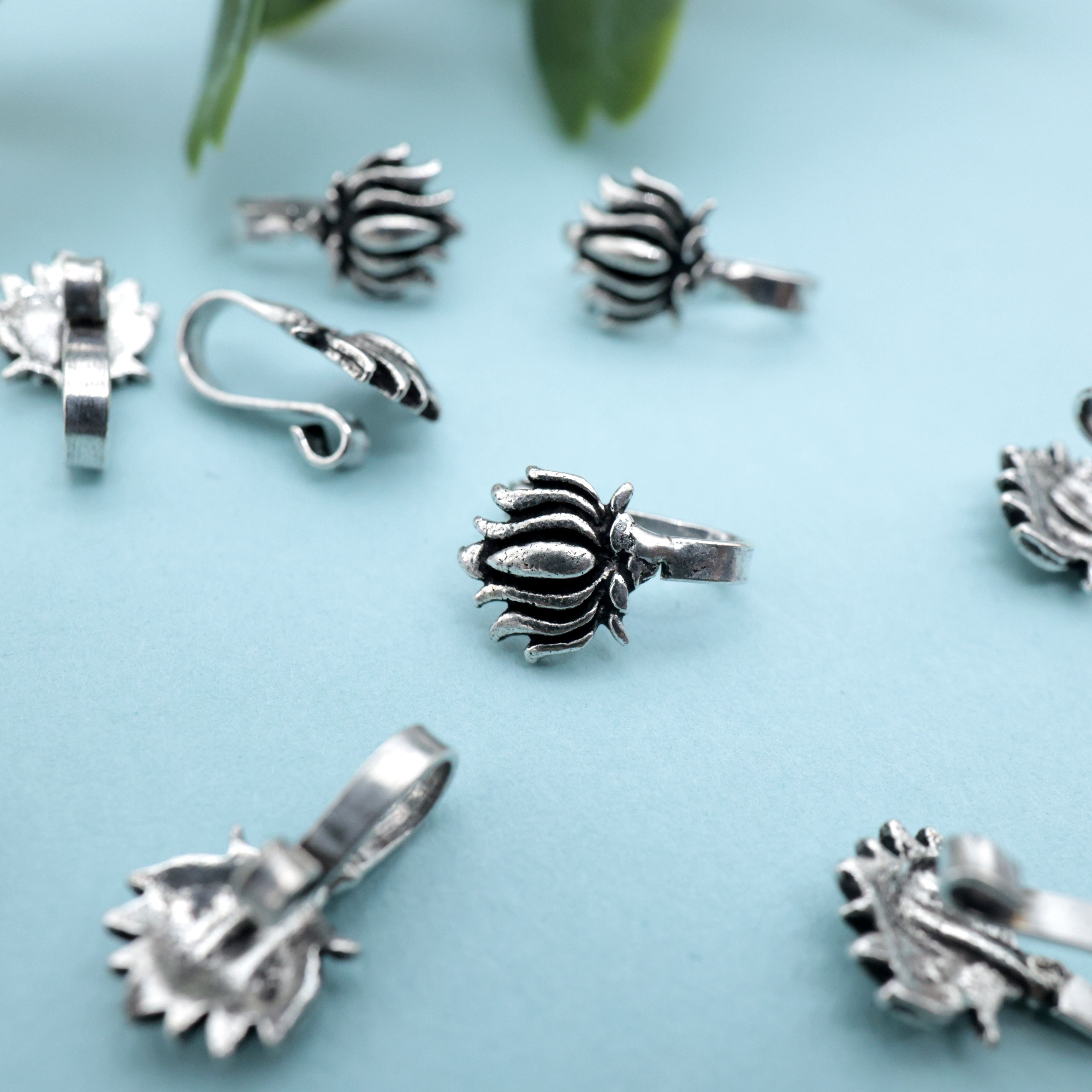 German Silver Oxidised Lotus Clip On Nosepin - German Silver Nose Pins For Non-Pierced Nose