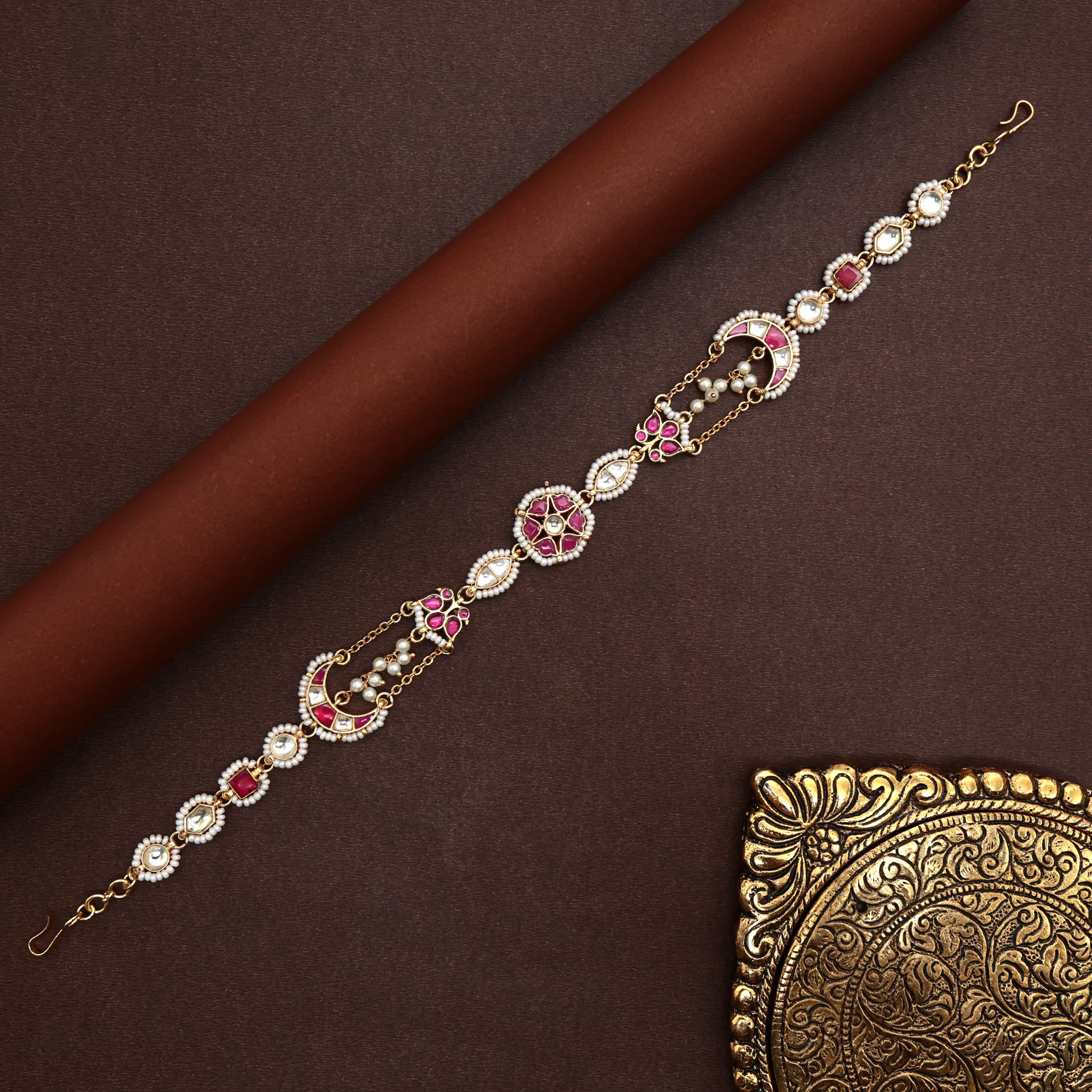 Pachi Kundan Moon Flower Bridal Sheeshpool - Bridal Kundan Headband