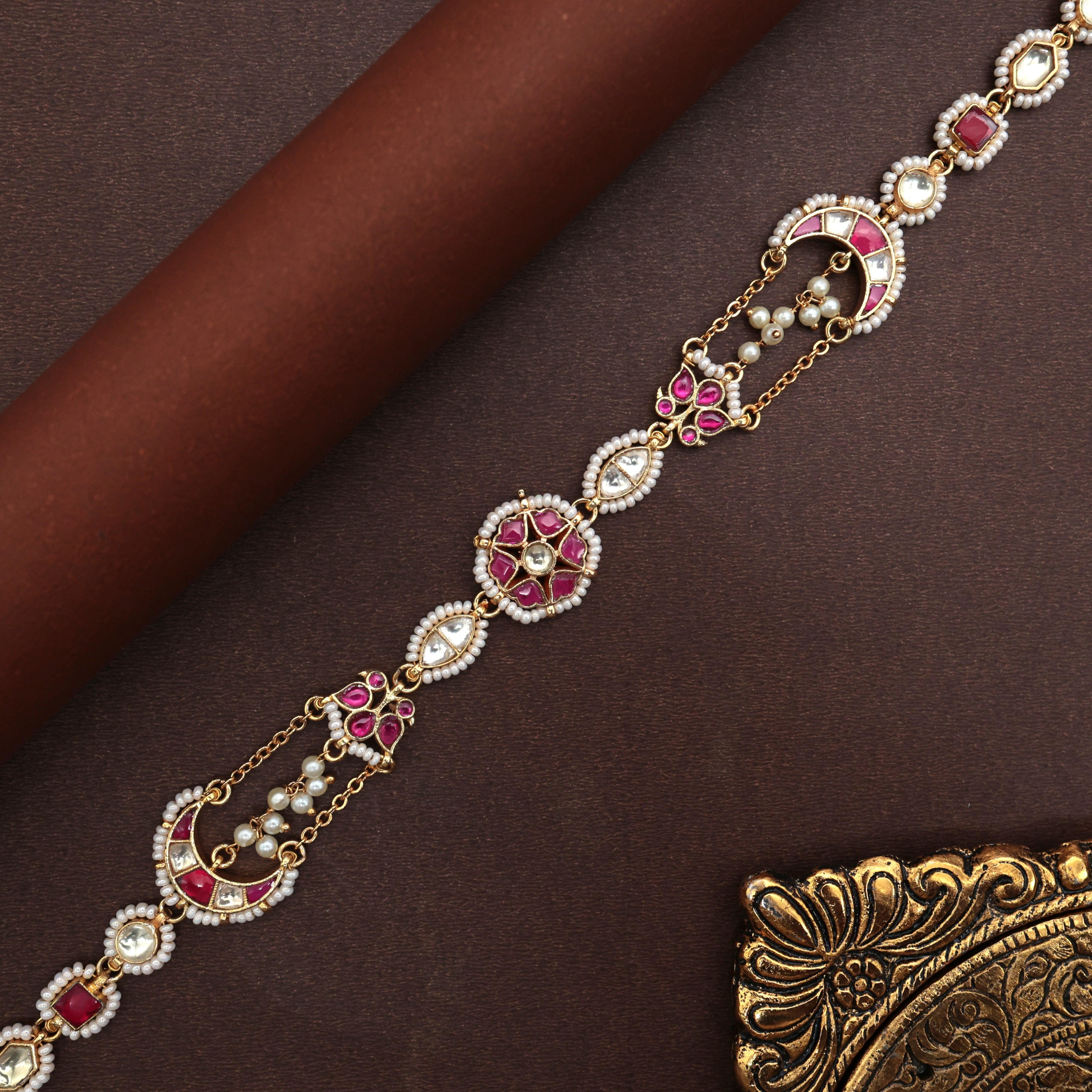 Pachi Kundan Moon Flower Bridal Sheeshpool - Bridal Kundan Headband