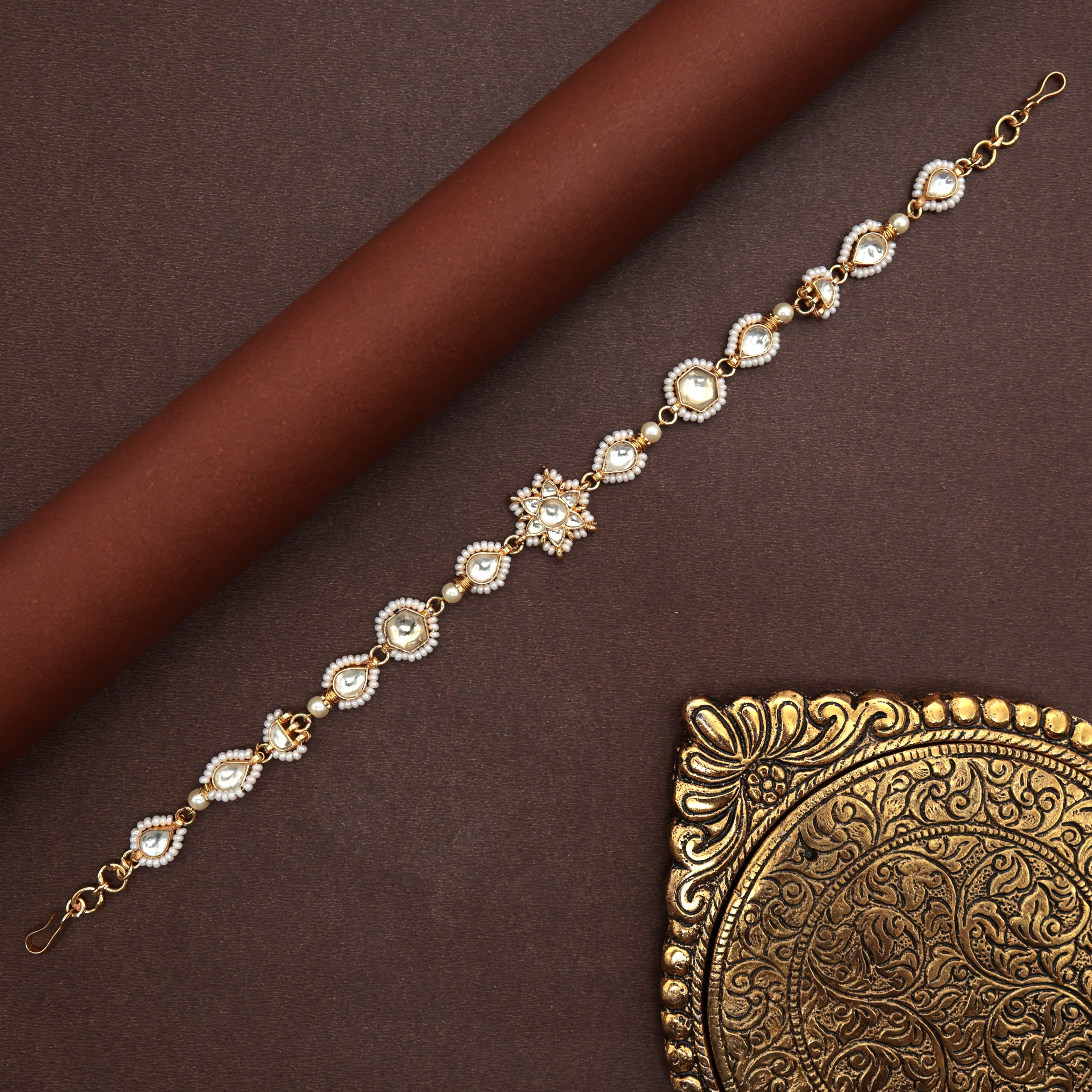 Pachi Kundan Star Flower Bridal Sheeshpool - Bridal Kundan Headband