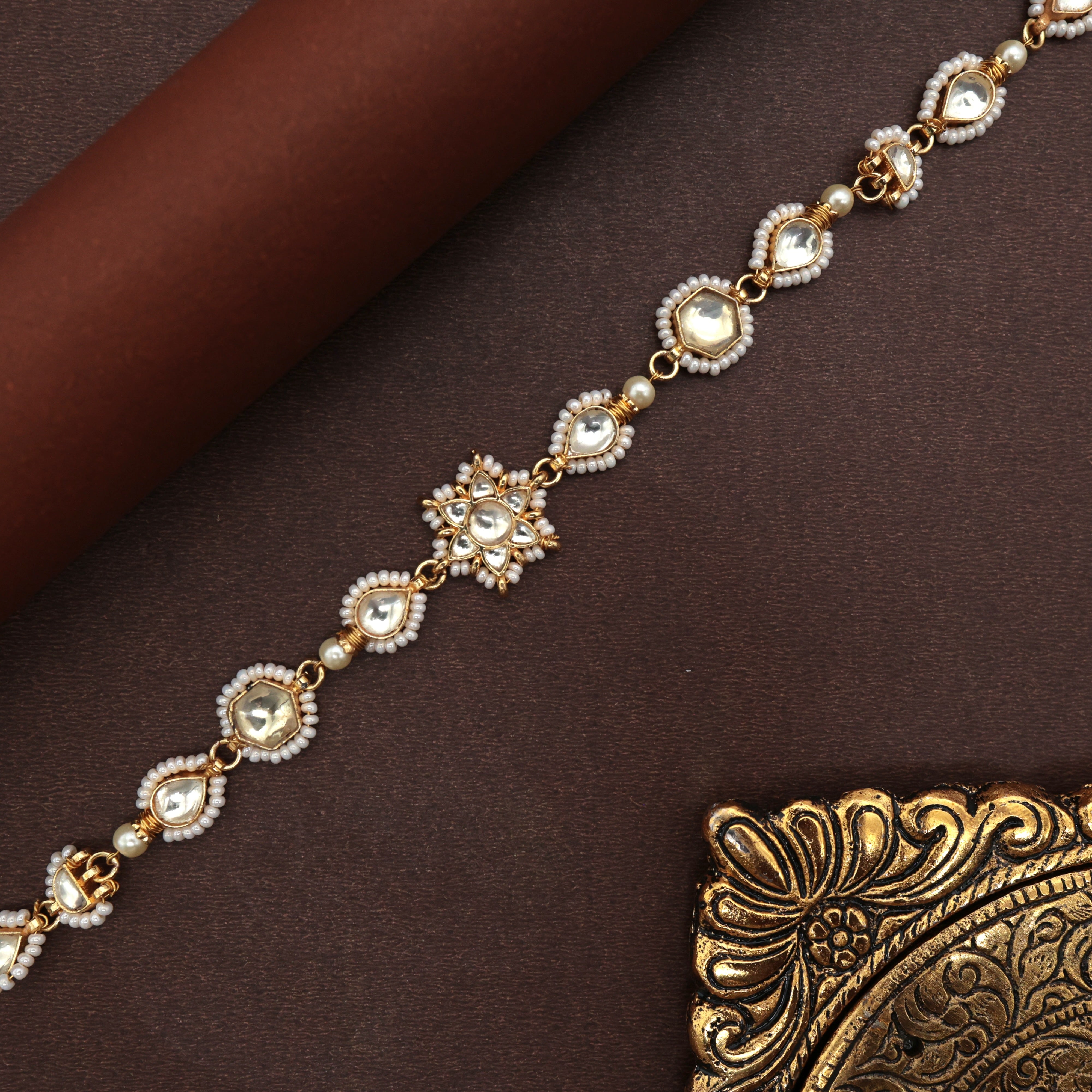 Pachi Kundan Star Flower Bridal Sheeshpool - Bridal Kundan Headband