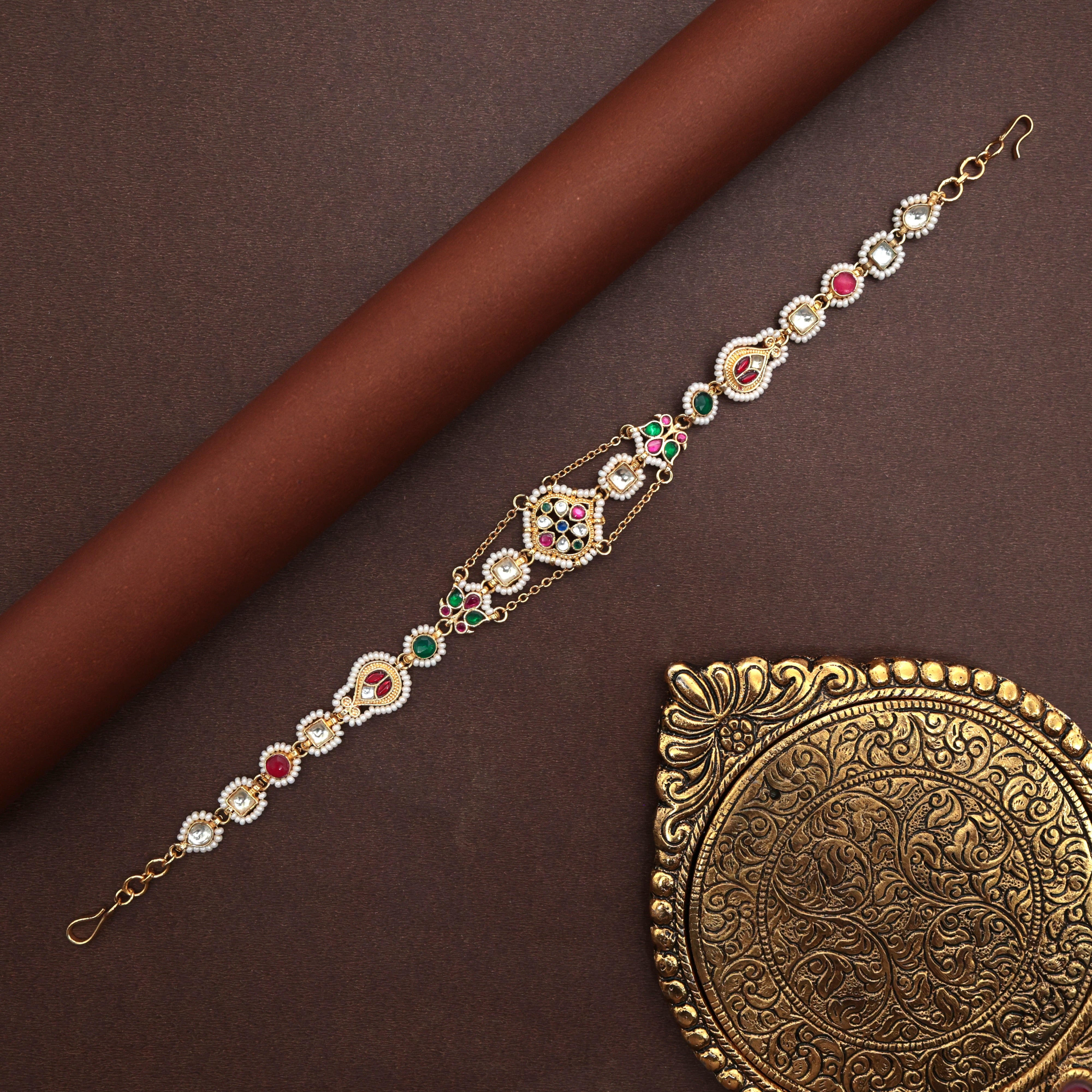 Pachi Kundan Rangoli Flower Bridal Sheeshpool - Bridal Kundan Headband