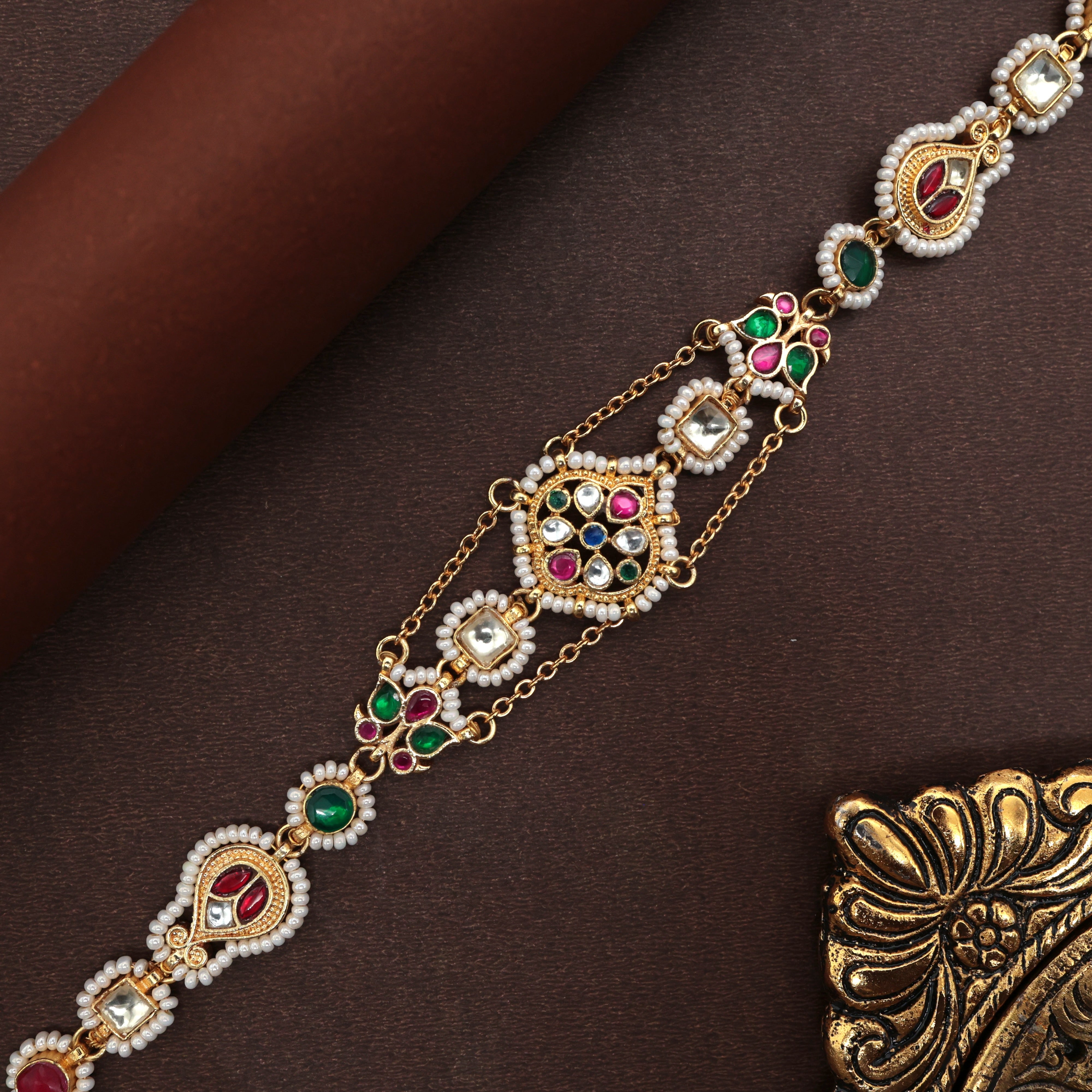 Pachi Kundan Rangoli Flower Bridal Sheeshpool - Bridal Kundan Headband