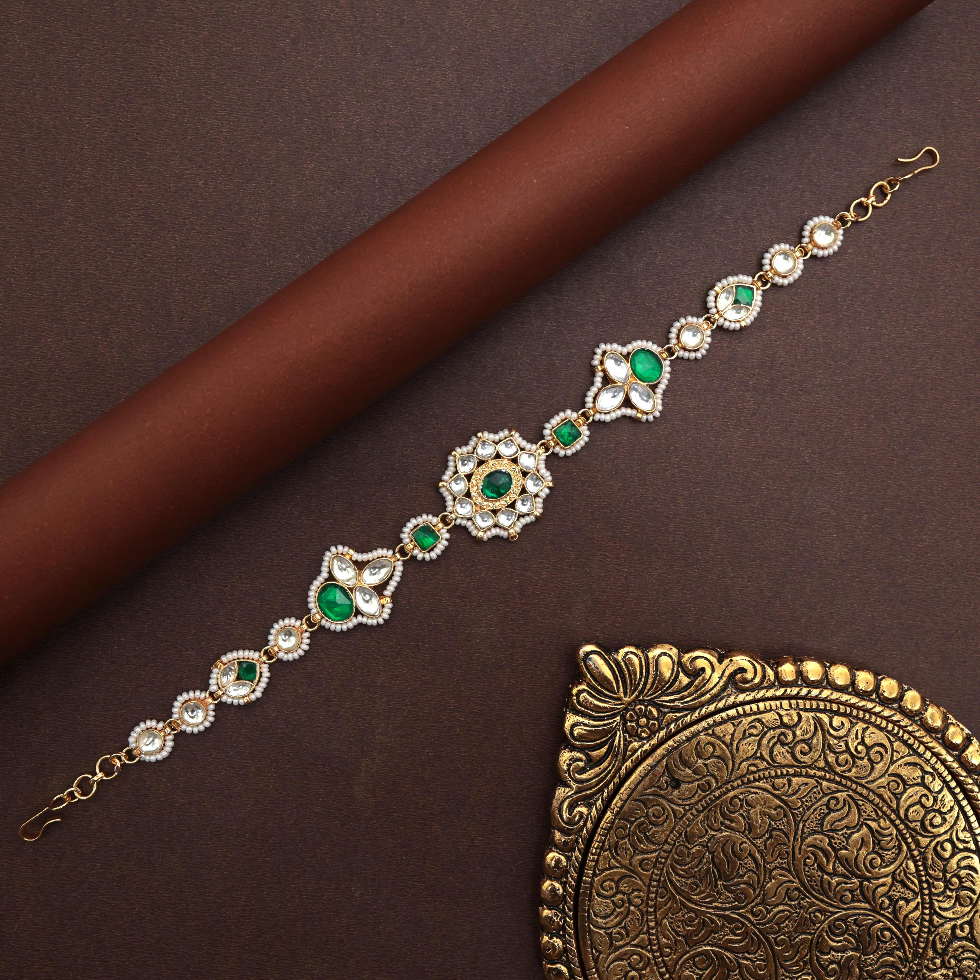 Pachi Kundan Emerald Flower Bridal Sheeshpool - Bridal Kundan Headband