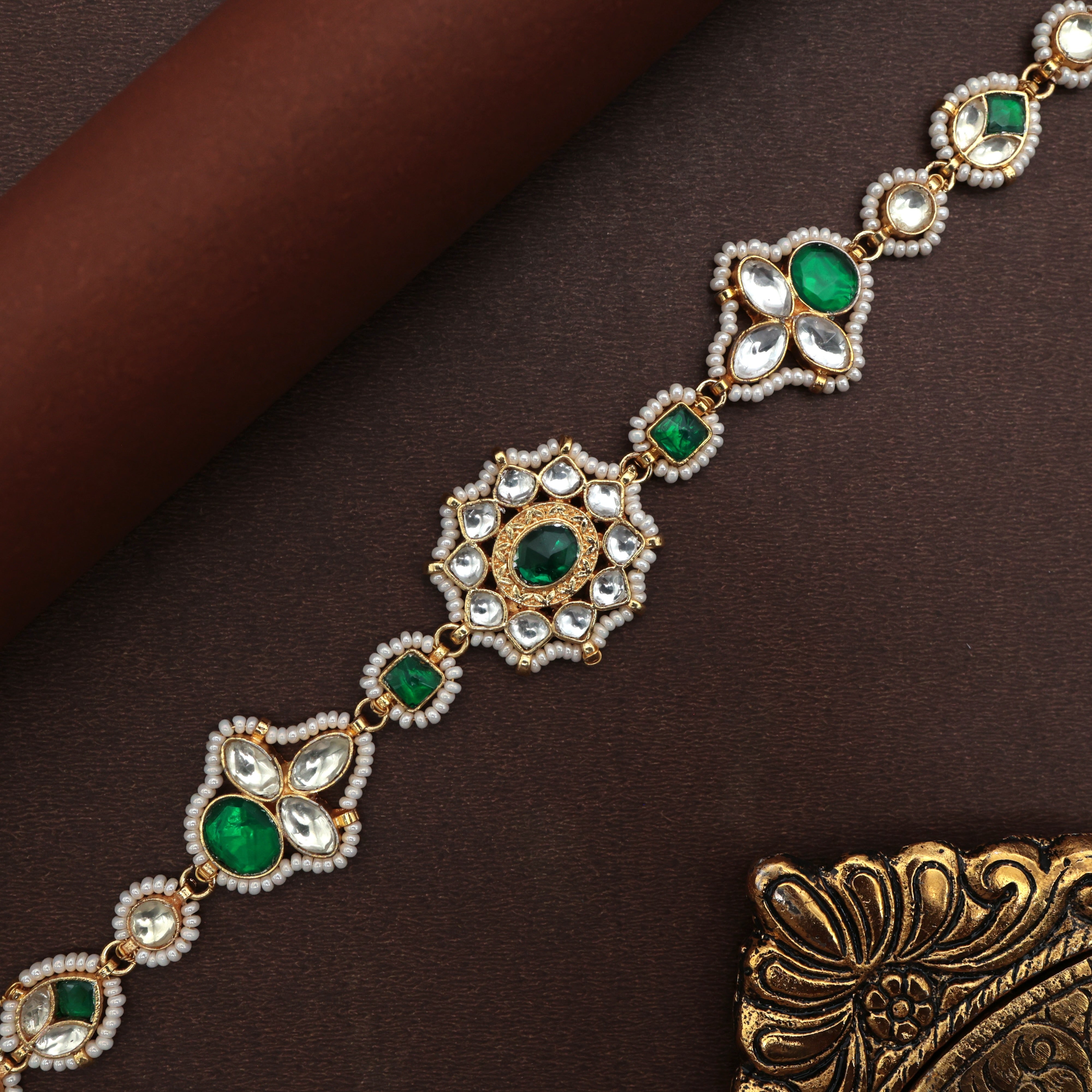 Pachi Kundan Emerald Flower Bridal Sheeshpool - Bridal Kundan Headband