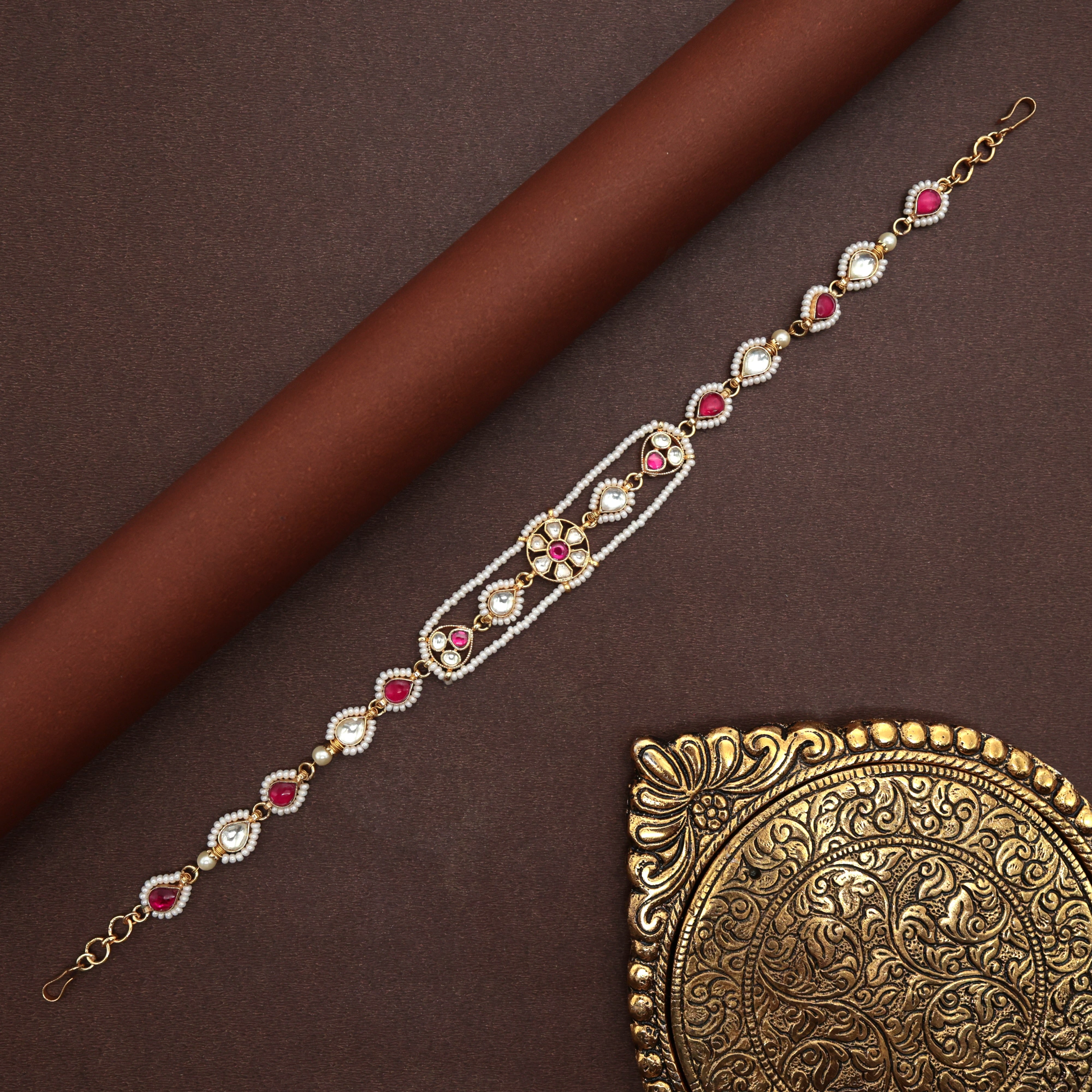 Pachi Kundan Sun Dainty Flower Drops Bridal Sheeshpool - Bridal Kundan Headband