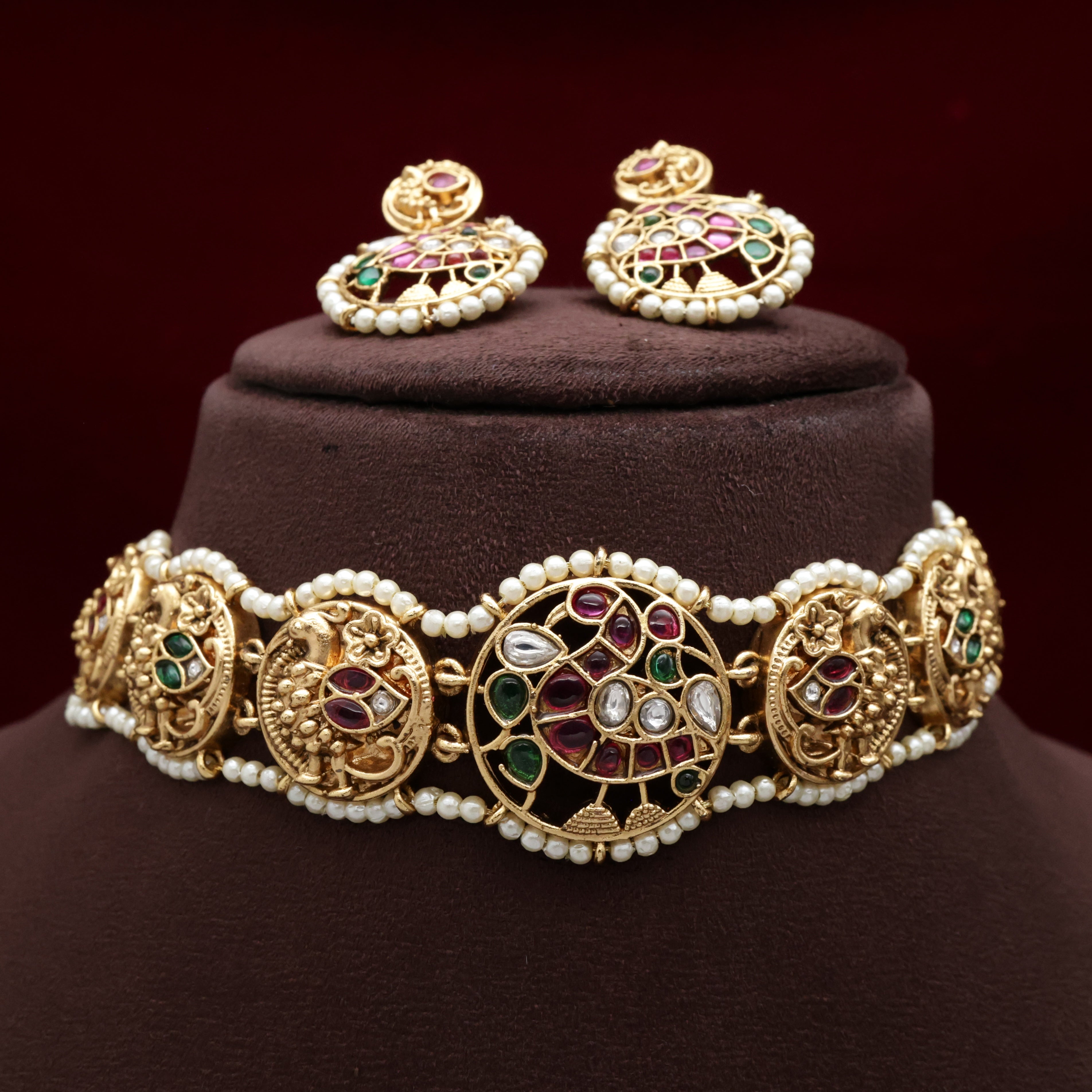 Premium Kemp Annapakshi Pearl Outline Bridal Choker Set