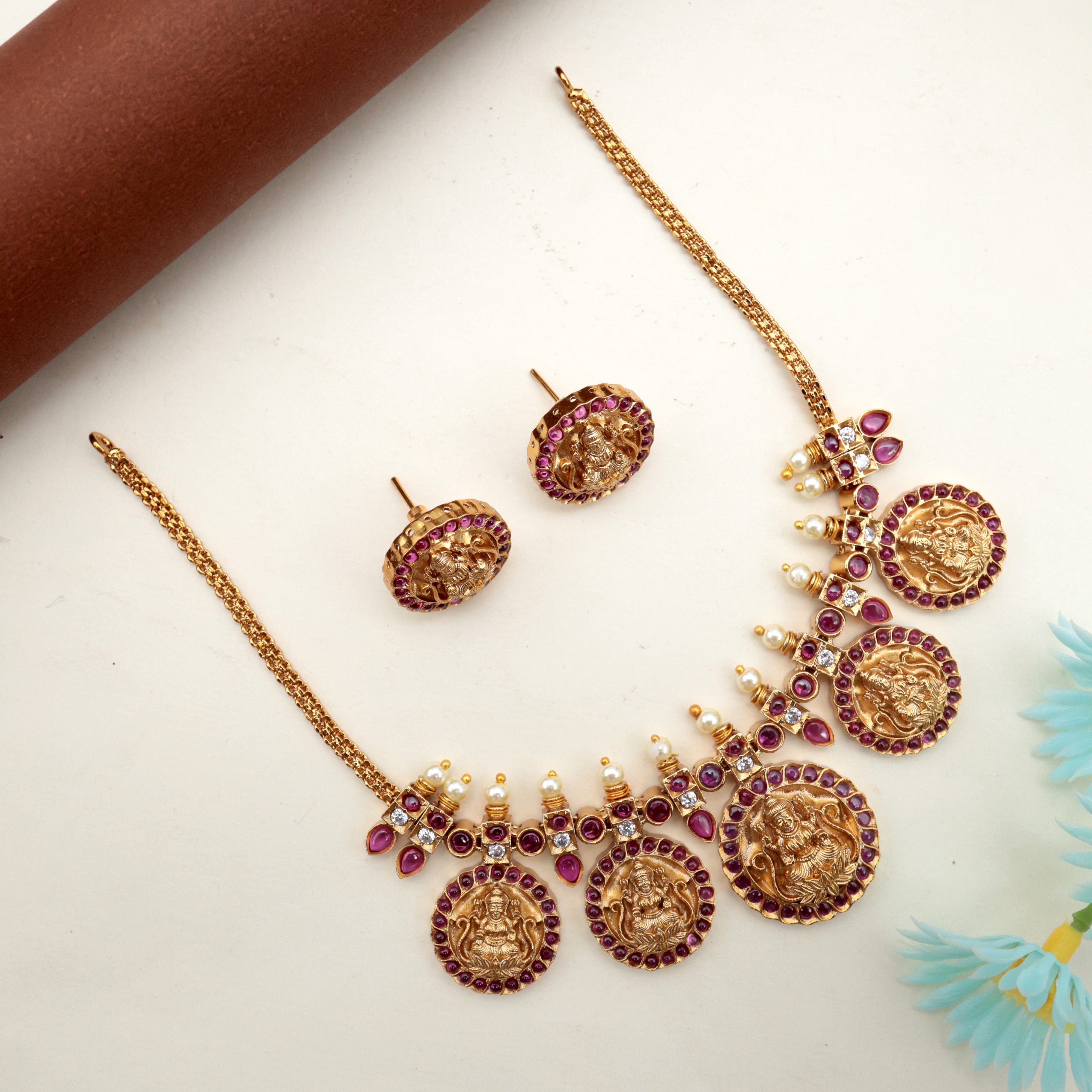 ANTIQUE NAGAS 5 COIN LAKSHMI COIN BRIDAL NECKLACE SET - RUBY