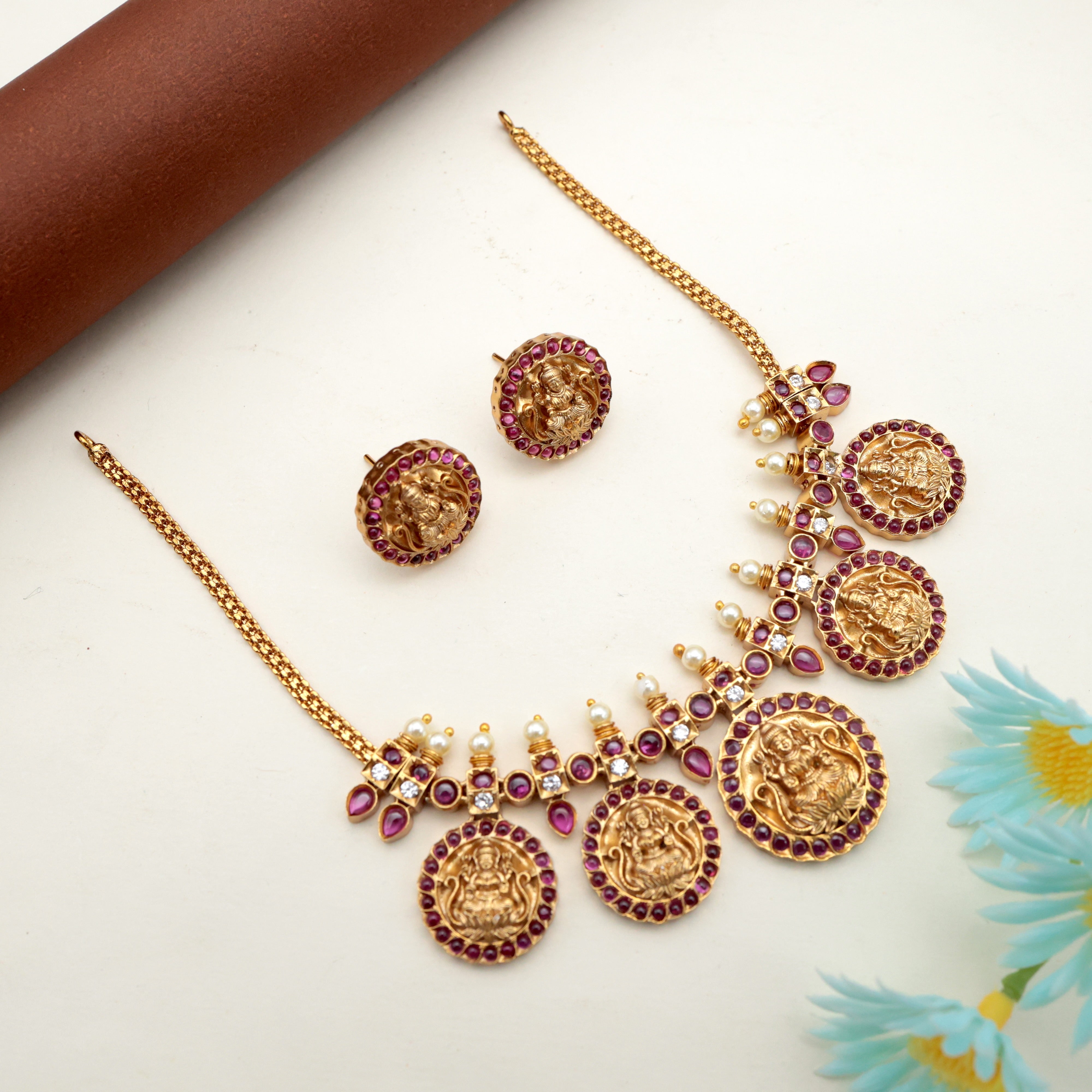 ANTIQUE NAGAS 5 COIN LAKSHMI COIN BRIDAL NECKLACE SET - RUBY