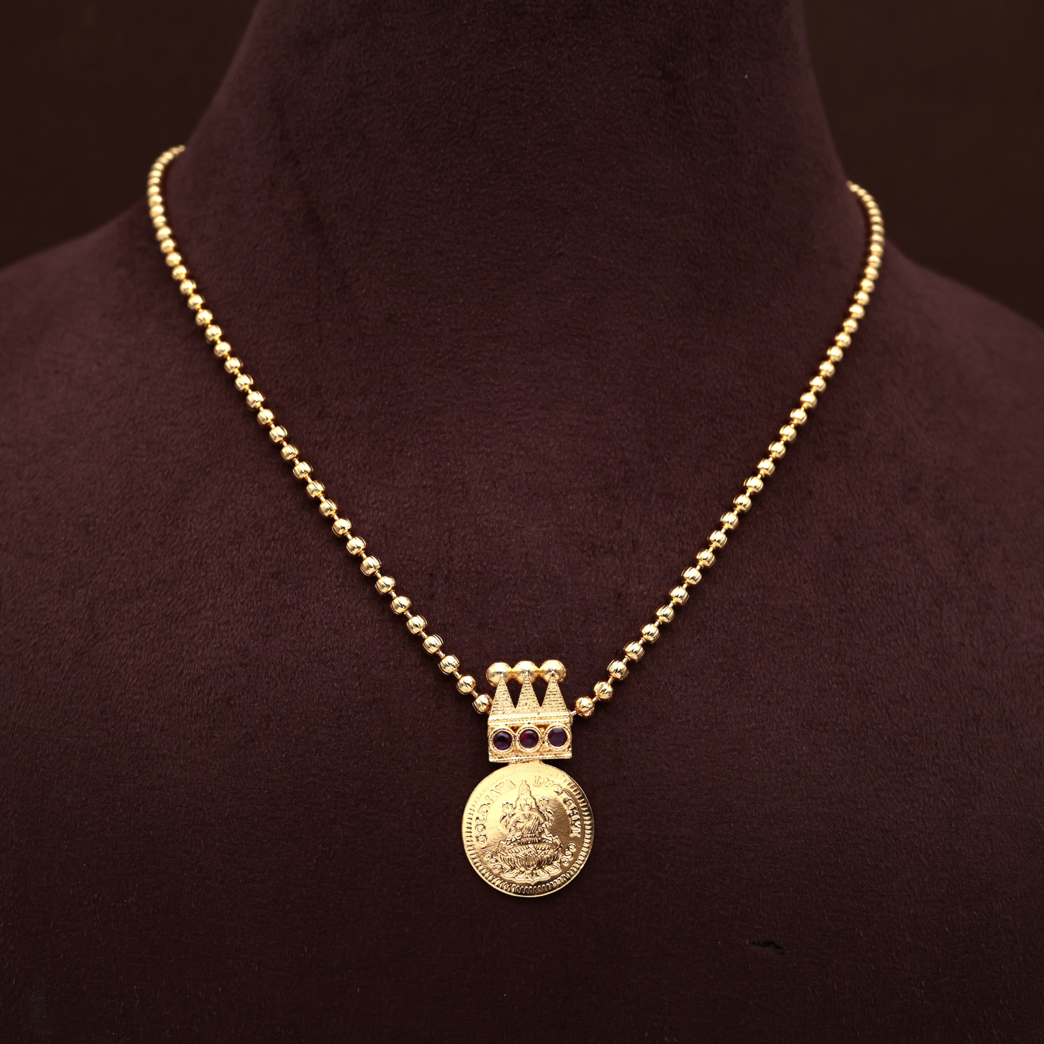 Real Gold Tone Traditional Kerala Manimala with Single Lakshmi Coin Pendant