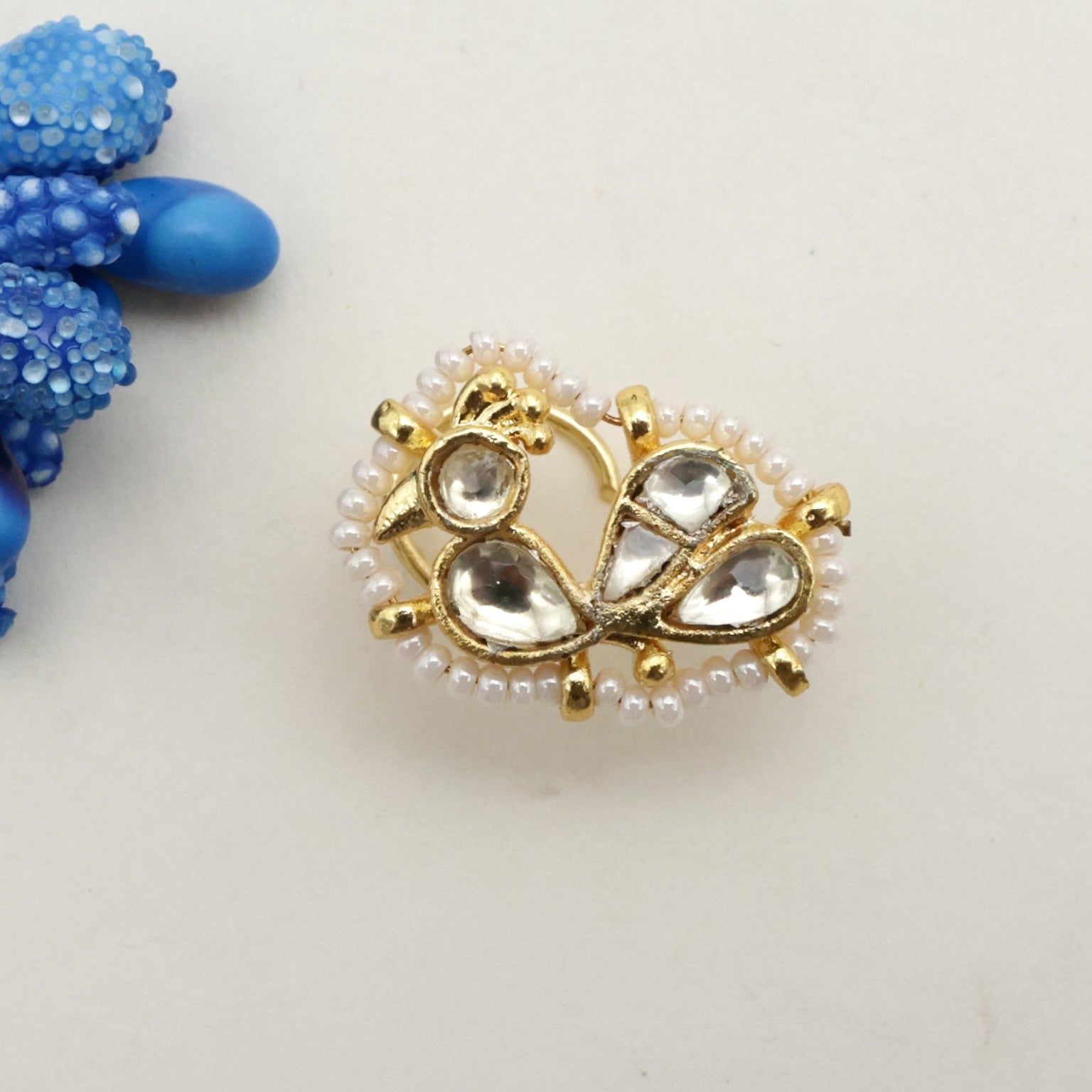 Real Gold Tone Pachi Kundan Peacock Bridal Wired Nath - For Pierced Nose