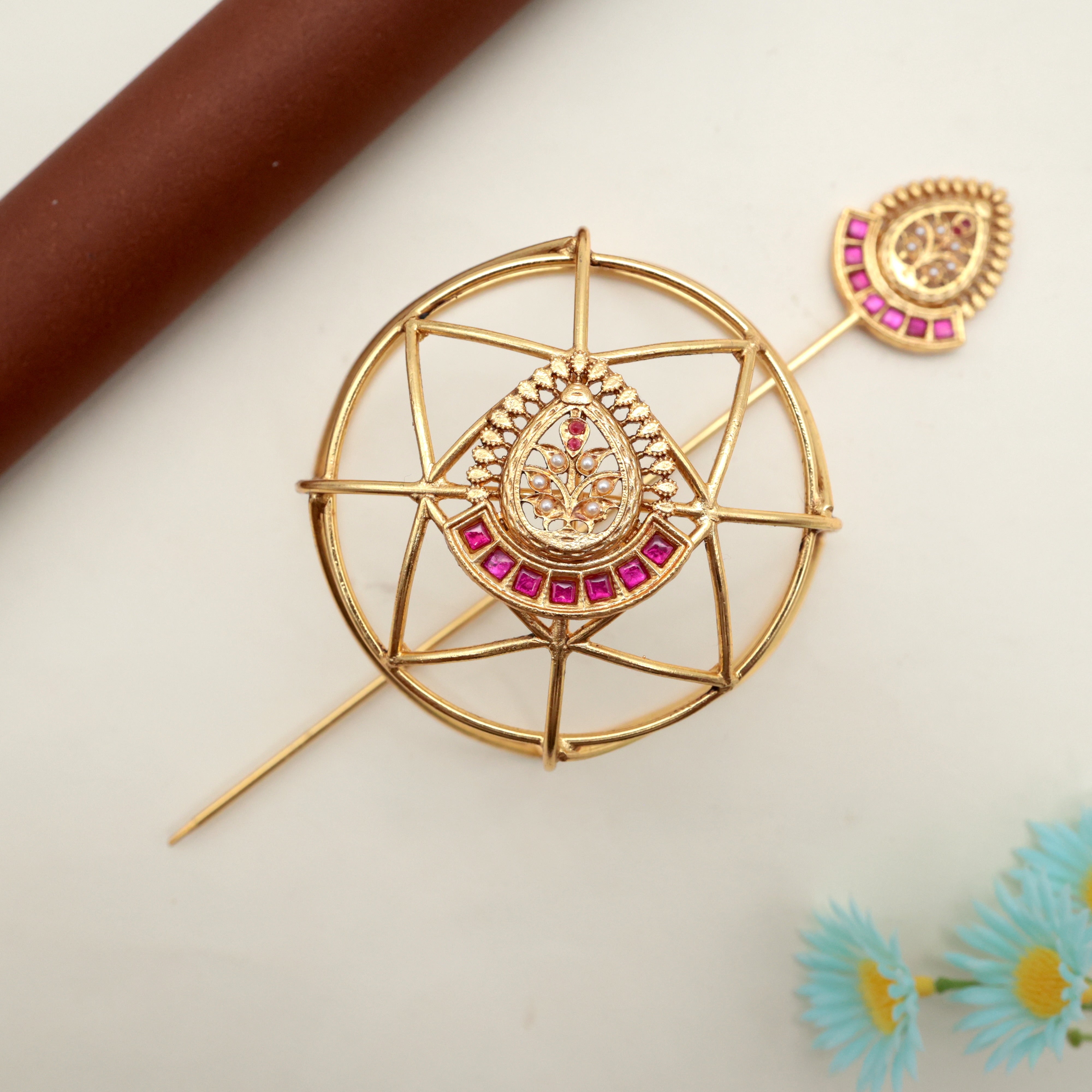 PREMIUM JADAU KUNDAN MUGHAL FLOWER HAIR BUN HOLDER CAGE WITH JUDA STICK - FULL RUBY