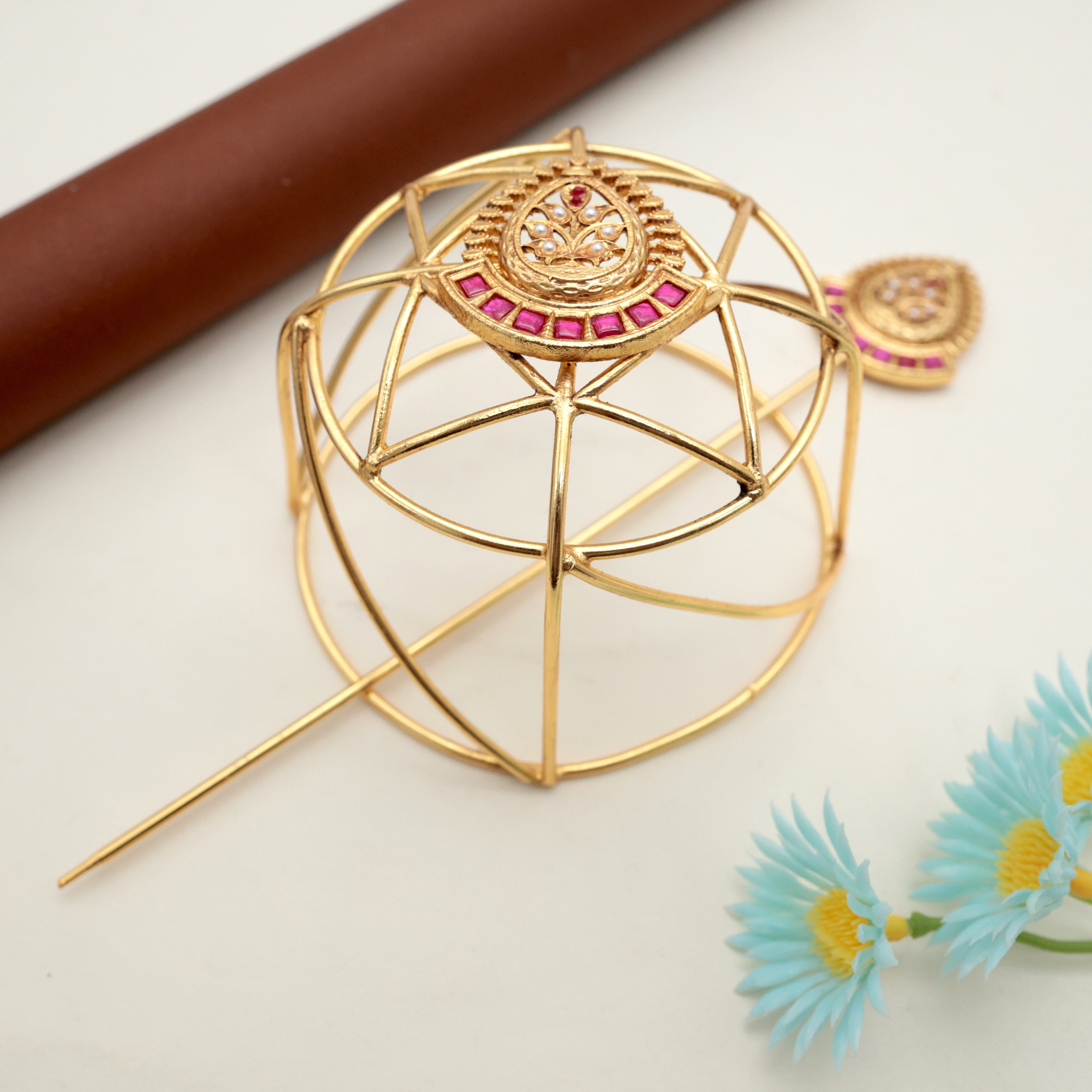 PREMIUM JADAU KUNDAN MUGHAL FLOWER HAIR BUN HOLDER CAGE WITH JUDA STICK - FULL RUBY