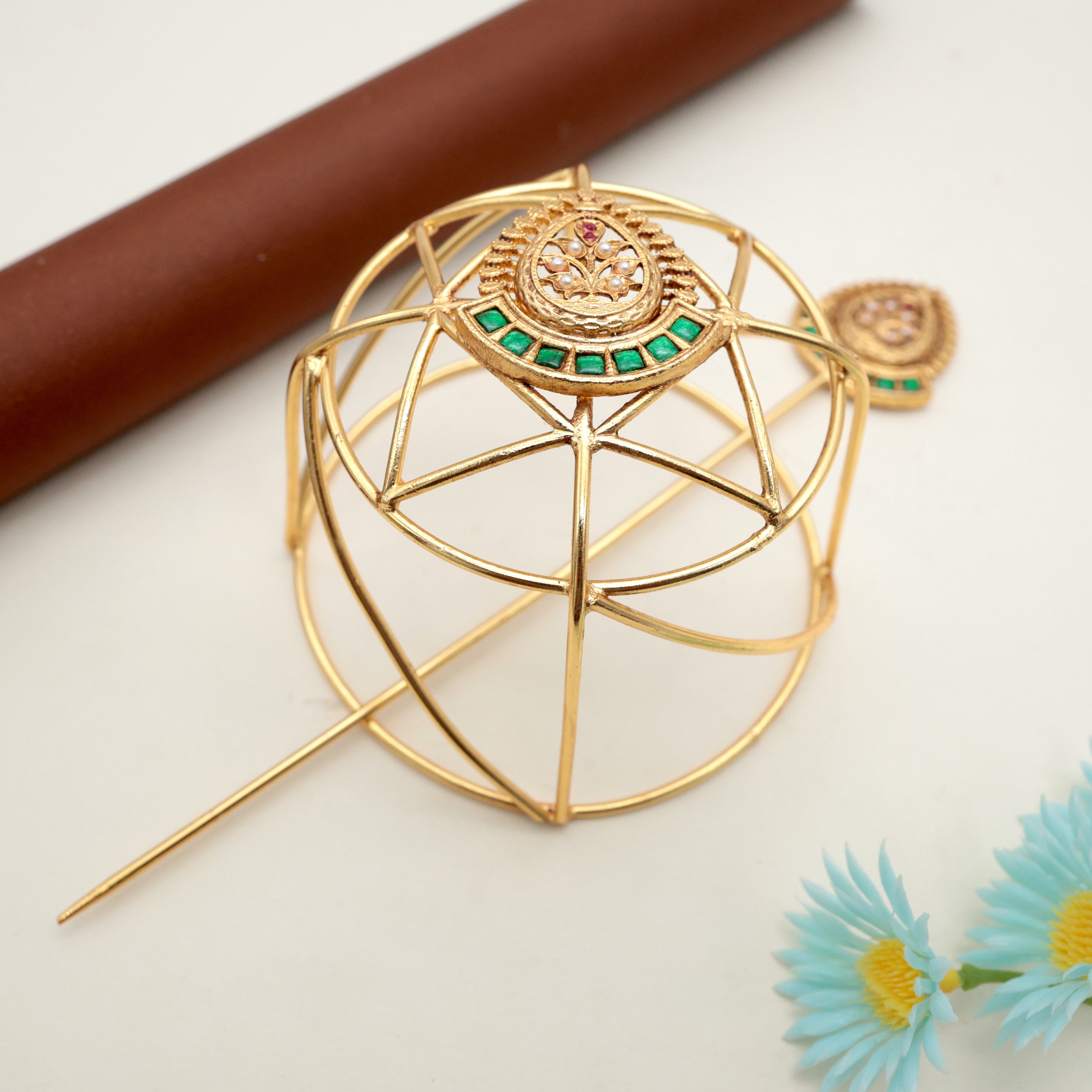 PREMIUM JADAU KUNDAN MUGHAL FLOWER HAIR BUN HOLDER CAGE WITH JUDA STICK - EMERALD