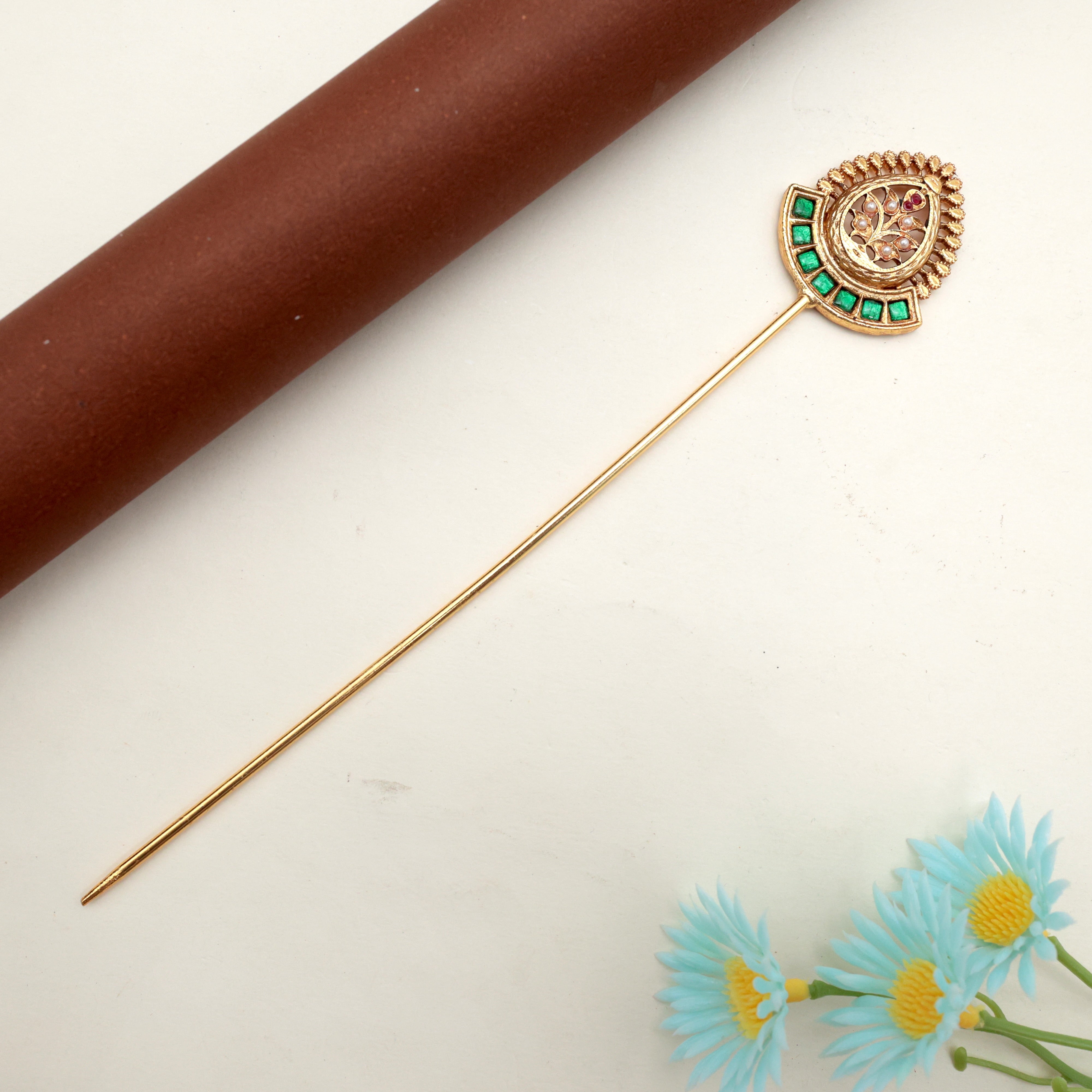 PREMIUM JADAU KUNDAN MUGHAL FLOWER HAIR BUN HOLDER CAGE WITH JUDA STICK - EMERALD