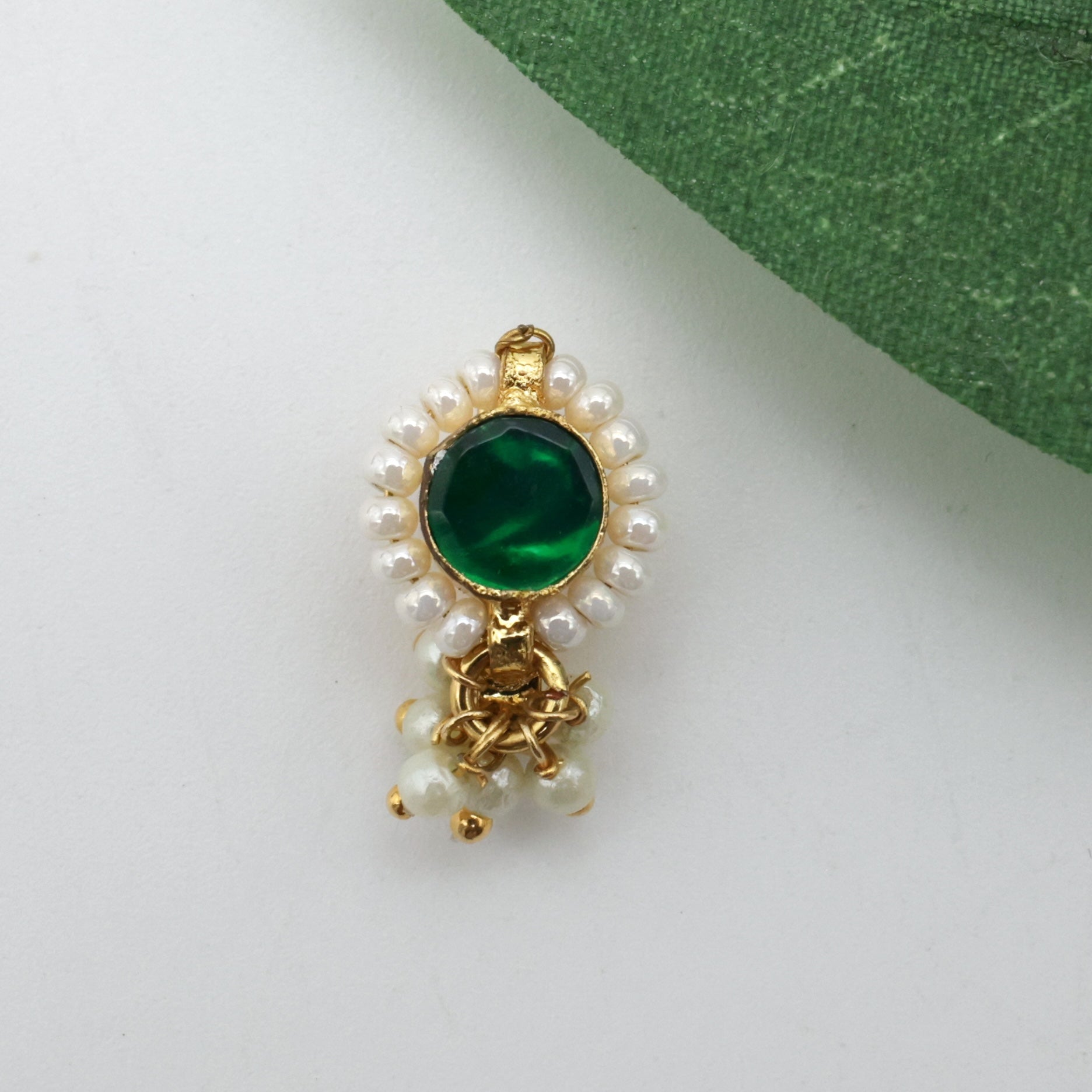 Gold Tone Pachi Kundan Bindi Press On Nath - Green (No Piercing Needed)