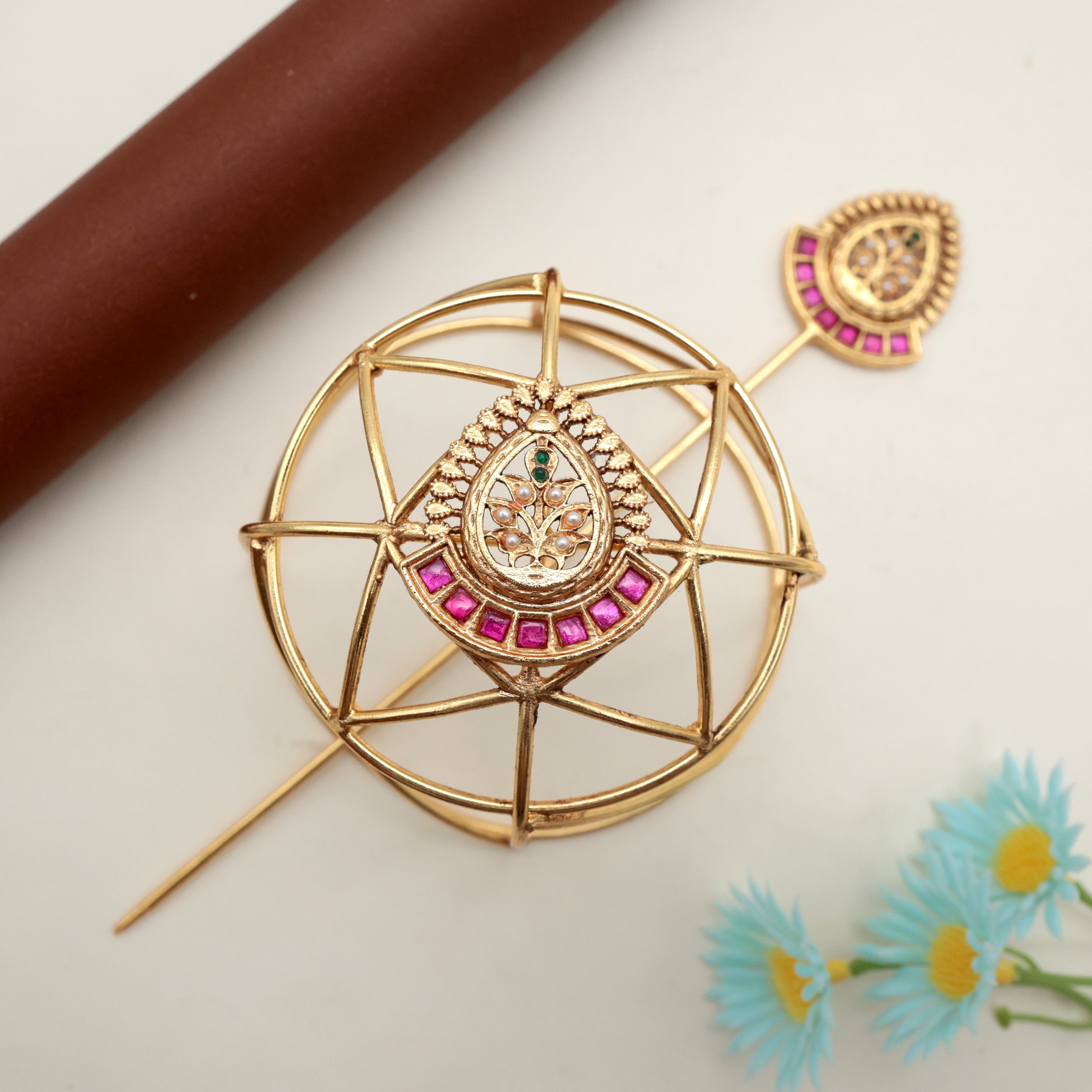 Premium Jadau Kundan Mughal Flower Hair Bun Holder Cage With Juda Stick - Ruby