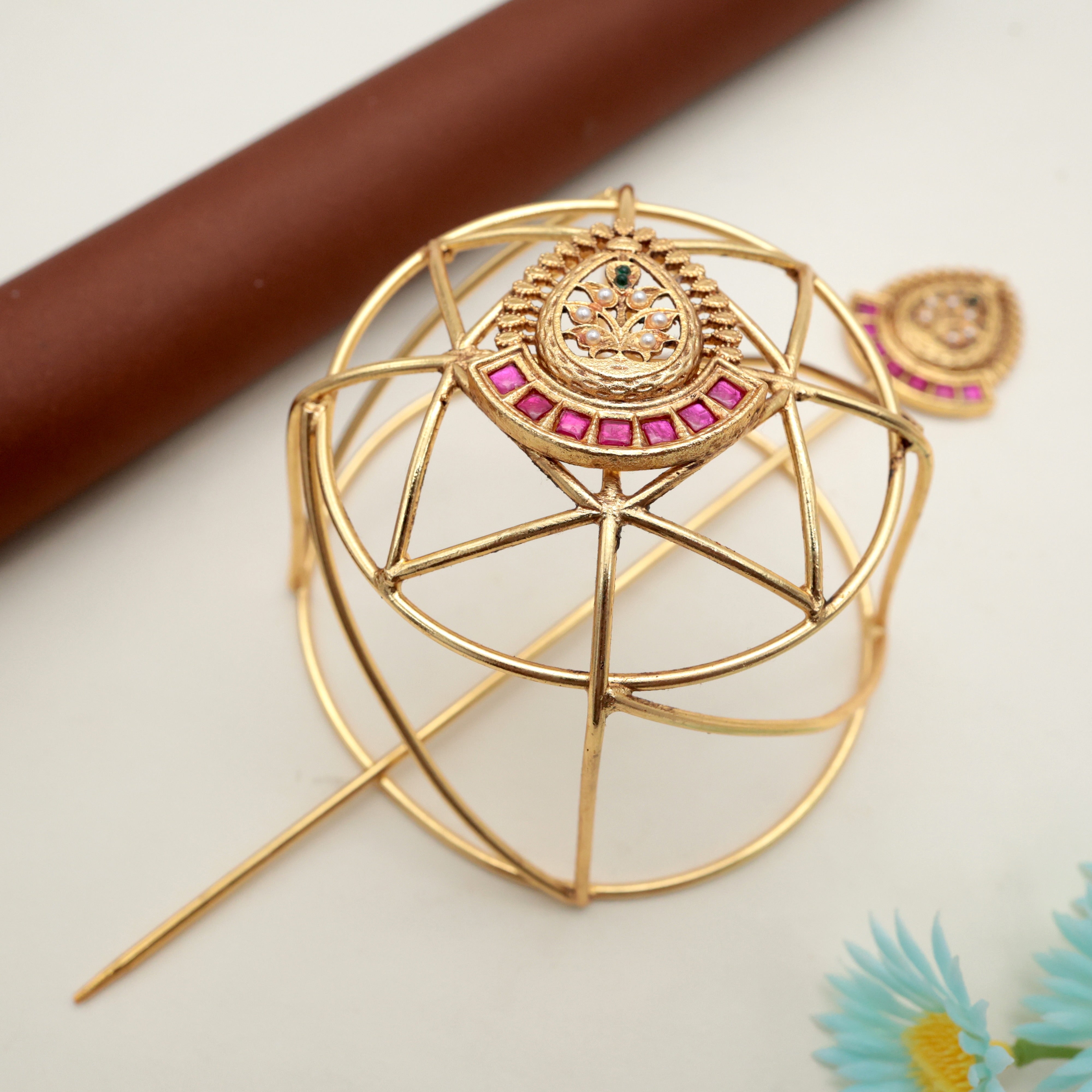 Premium Jadau Kundan Mughal Flower Hair Bun Holder Cage With Juda Stick - Ruby